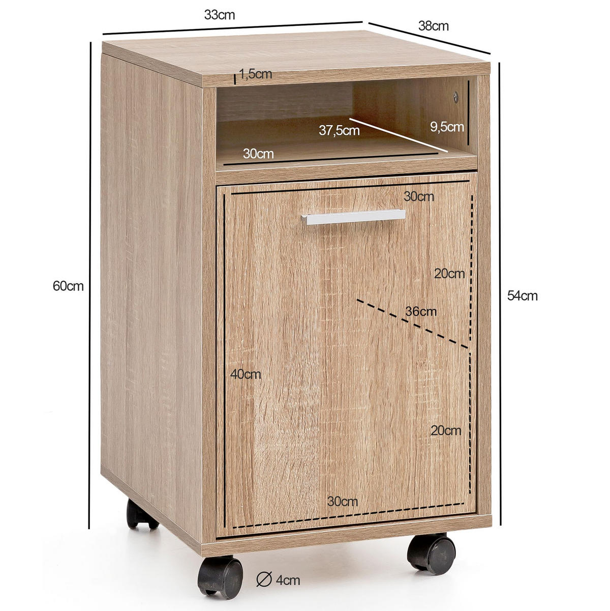 ROLLCONTAINER 2 Türfächer Ablage Rollen Mit Bremsen OSSOLA, Beige 33x38x60 cm - Beige/Schwarz, Holz/Kunststoff (33/60/38cm) - KADIMA DESIGN