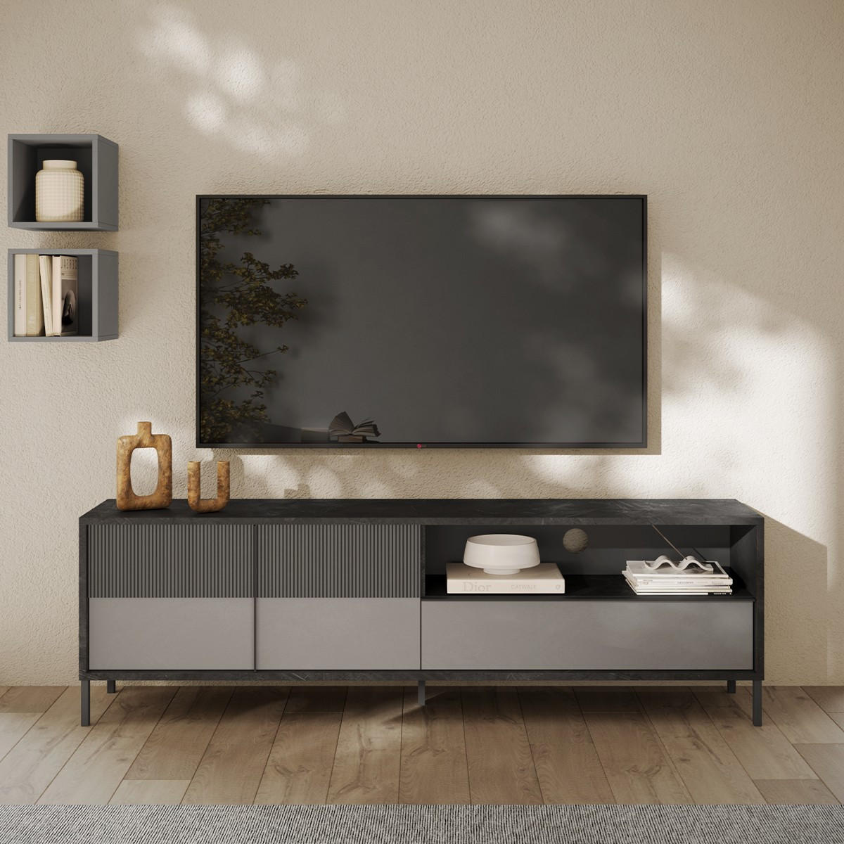 TV-MÖBEL mit 2 Türen, 1 Schublade und 1 Nische Everest - 206/40/64 cm - Grau, Holzwerkstoff (40/64/206cm) - Calicosy