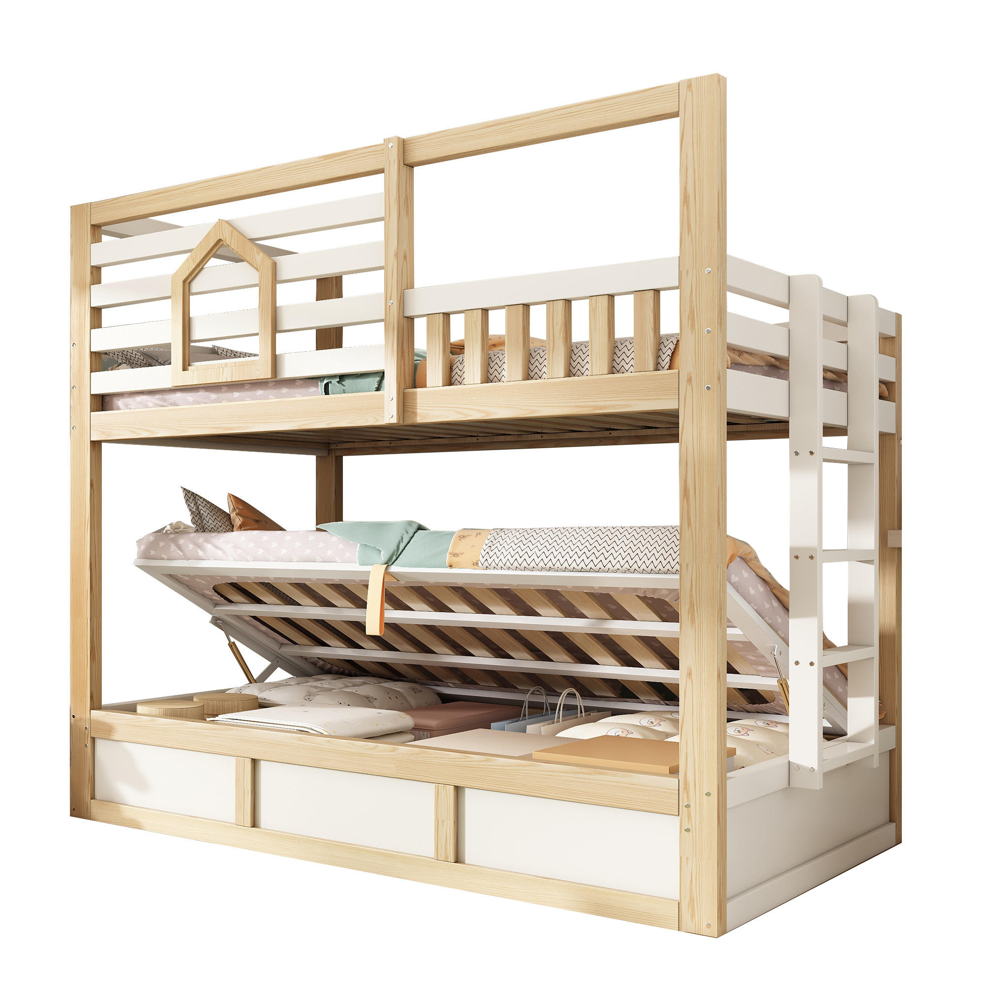 ETAGENBETT 90/200 cm & 90/200 cm in Weiß & Eichefarben mit Stauraum und Sicherheitsgeländer im Hüttenstil - Weiß/Naturfarben, Holzwerkstoff (90/200cm) - STILVORA