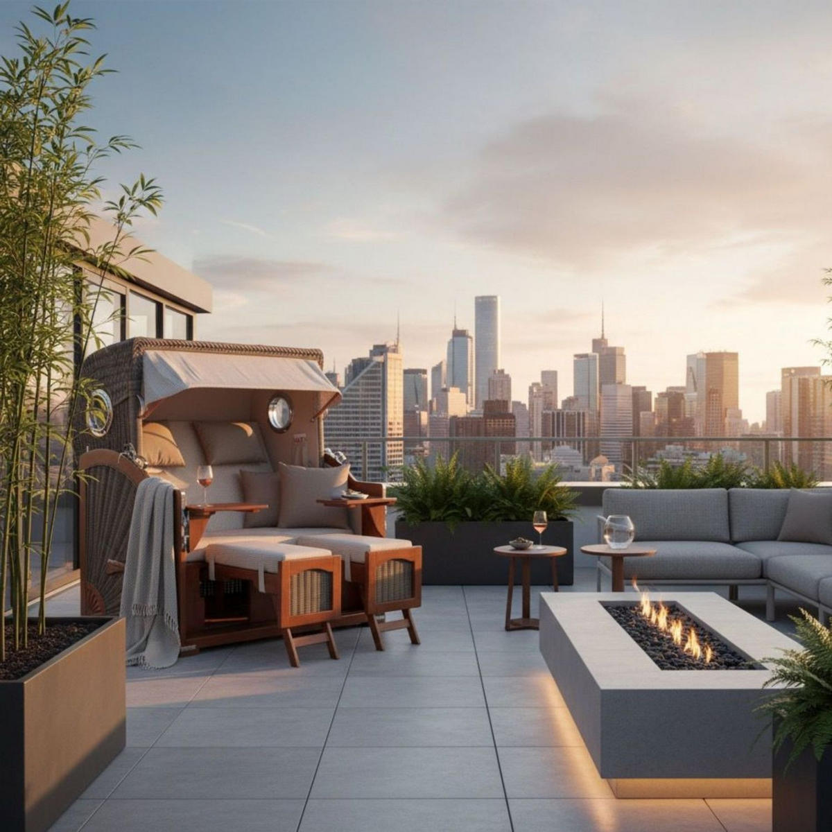 STRANDKORB Komplettset: Ammersee Grande XL Mahagoni Bullauge - PE grau - Modell 510 - Beige/Braun, Holz/Kunststoff (142/165/95cm) - bene living