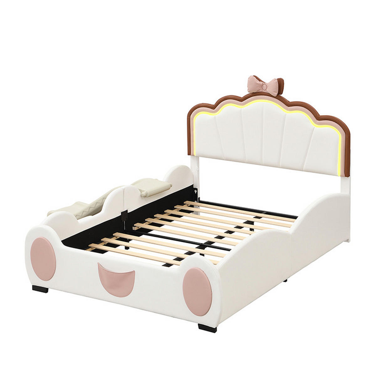 KINDERBETT 140x200cm Rosa + Weiß Cartoon Schmetterlingsbett LED Rutsche - Multicolor, Holz (140/200cm) - FLIEKS