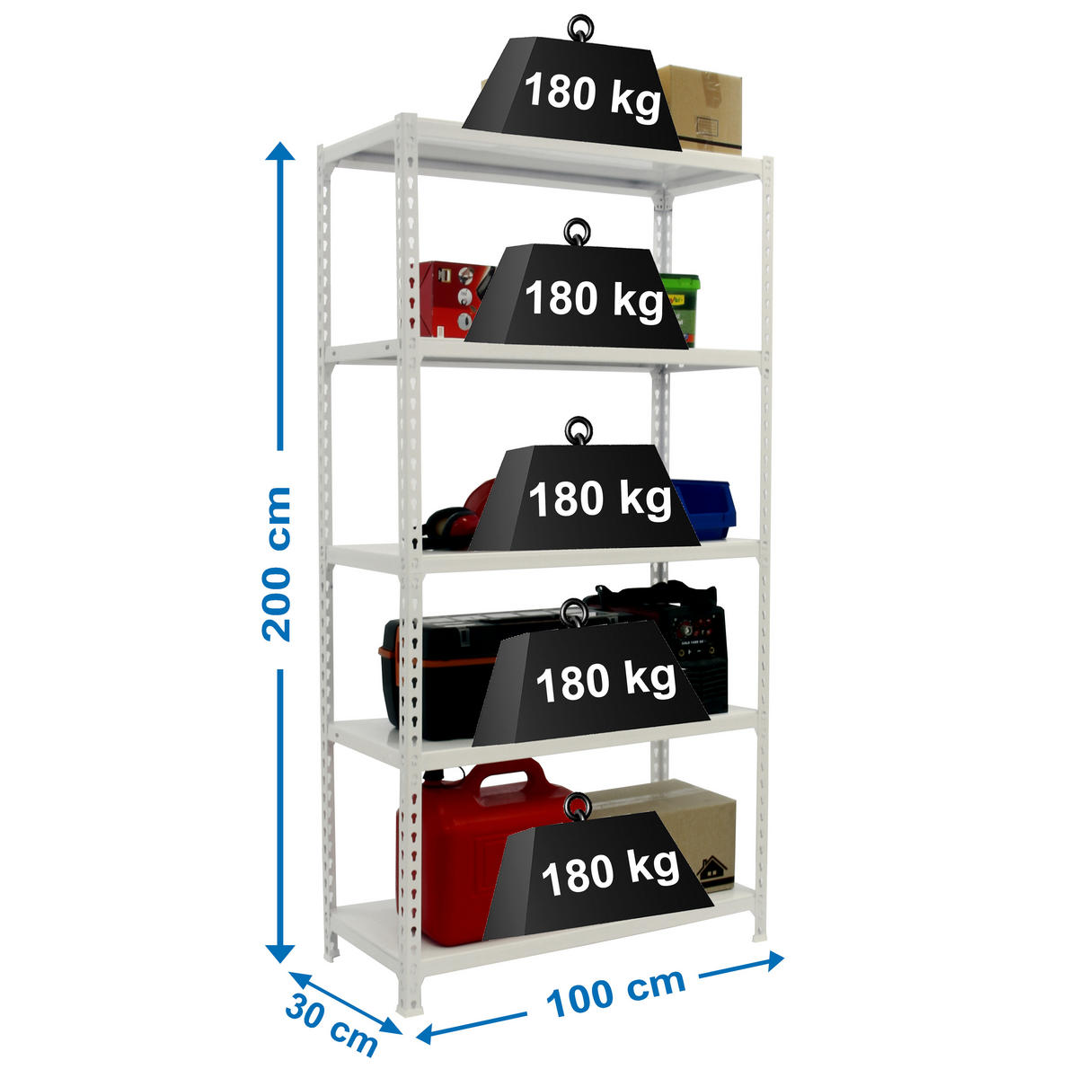 SCHWERLASTREGAL Big Metal Shark HxBxT 200 x 100 x 30 cm Fachlast 180 kg Weiß - Weiß, Metall (100/200/30cm) - PROREGAL