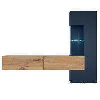 WOHNWAND Zinneiche, blau 210 cm, Schrankwand inklusive Beleuchtung - Blau/Eichefarben, Glas/Holzwerkstoff (210/162/40cm) - Furn.Design
