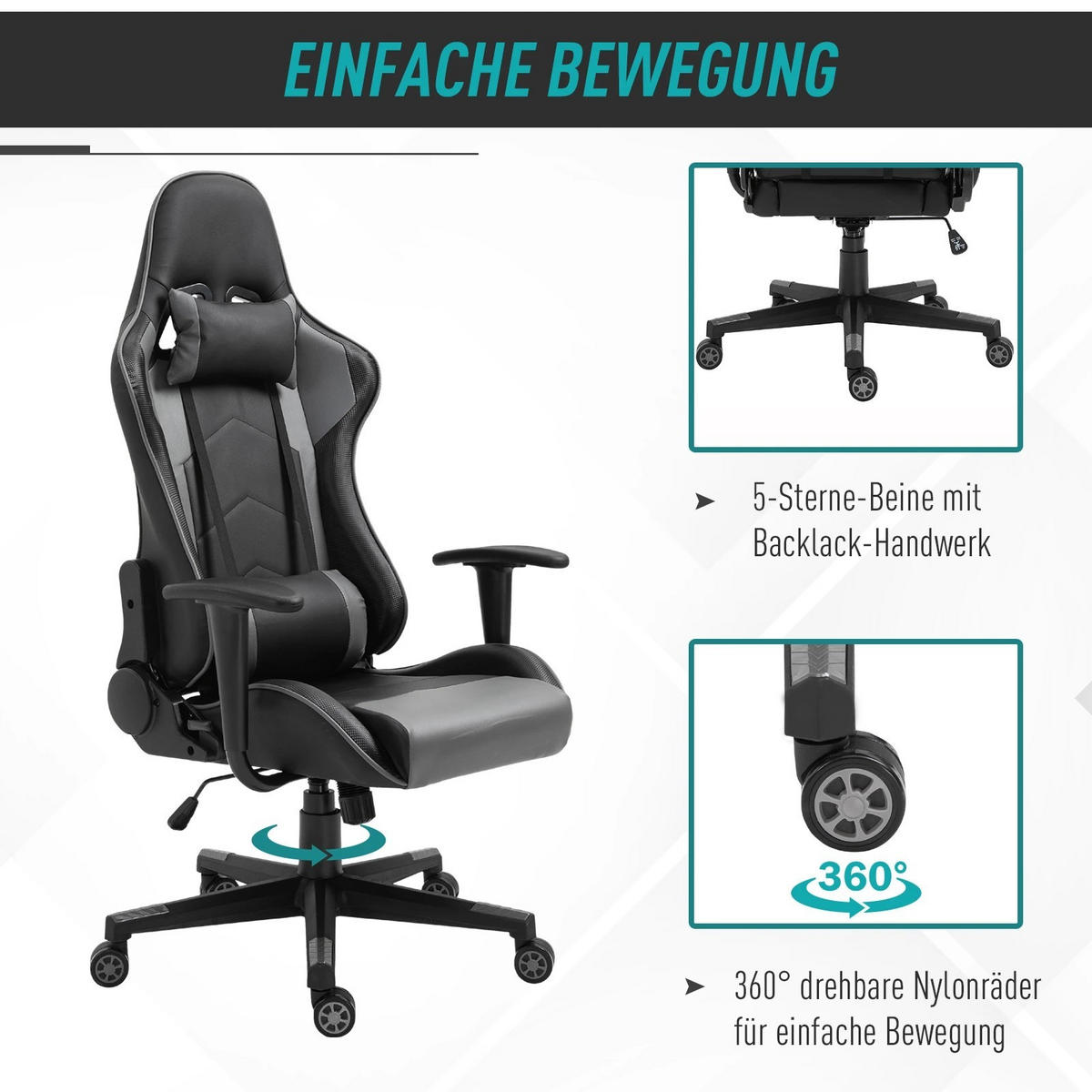 GAMING Stuhl, ergonomischer Bürodrehstuhl mit Kopf- und Lendenkissen, neigbarer Rückenlehne, Schwarz - Schwarz, Leder (53/126/67.5cm) - BRILVERDE
