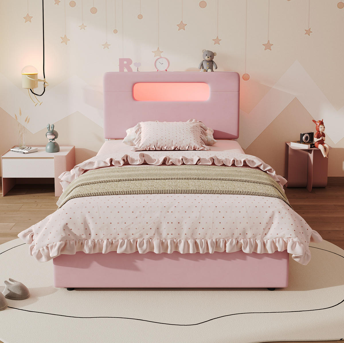 KINDER-POLSTERBETT aus Samt 90x200 cm Rosa mit 4 Schubladen und App-gesteuerter LED-Beleuchtung - Pink, Textil (90/200cm) - Modfu