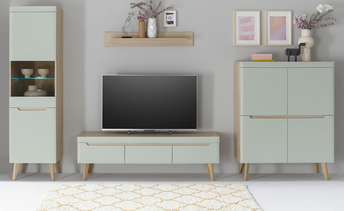 WOHNWAND 4-teilig pistazie grün, Eiche, skandinavisch 360 x 197 cm, Schrankwand mit Soft-Close - Eichefarben/Pastellgrün, Glas/Eichenholz (360/197/40cm) - Furn.Design