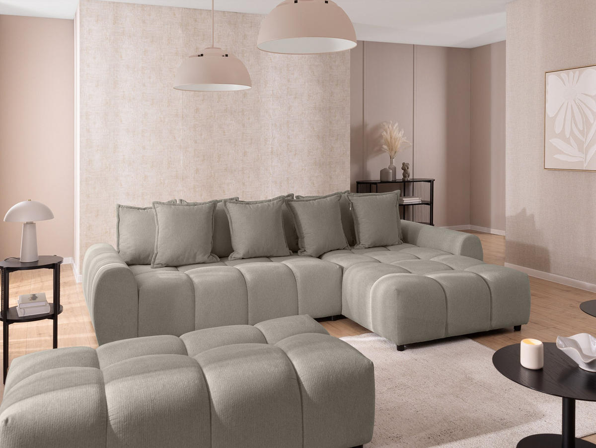 ECKSOFA inkl. Hocker Bubble mit Schlaffunktion und losen Rückenkissen, Sitzfläche Bubble-Optik aus weichem Taupe Strukturstoff - Ottomane Rechts - Taupe/Schwarz, Holz/Kunststoff (306/180cm) - S-Style Möbel