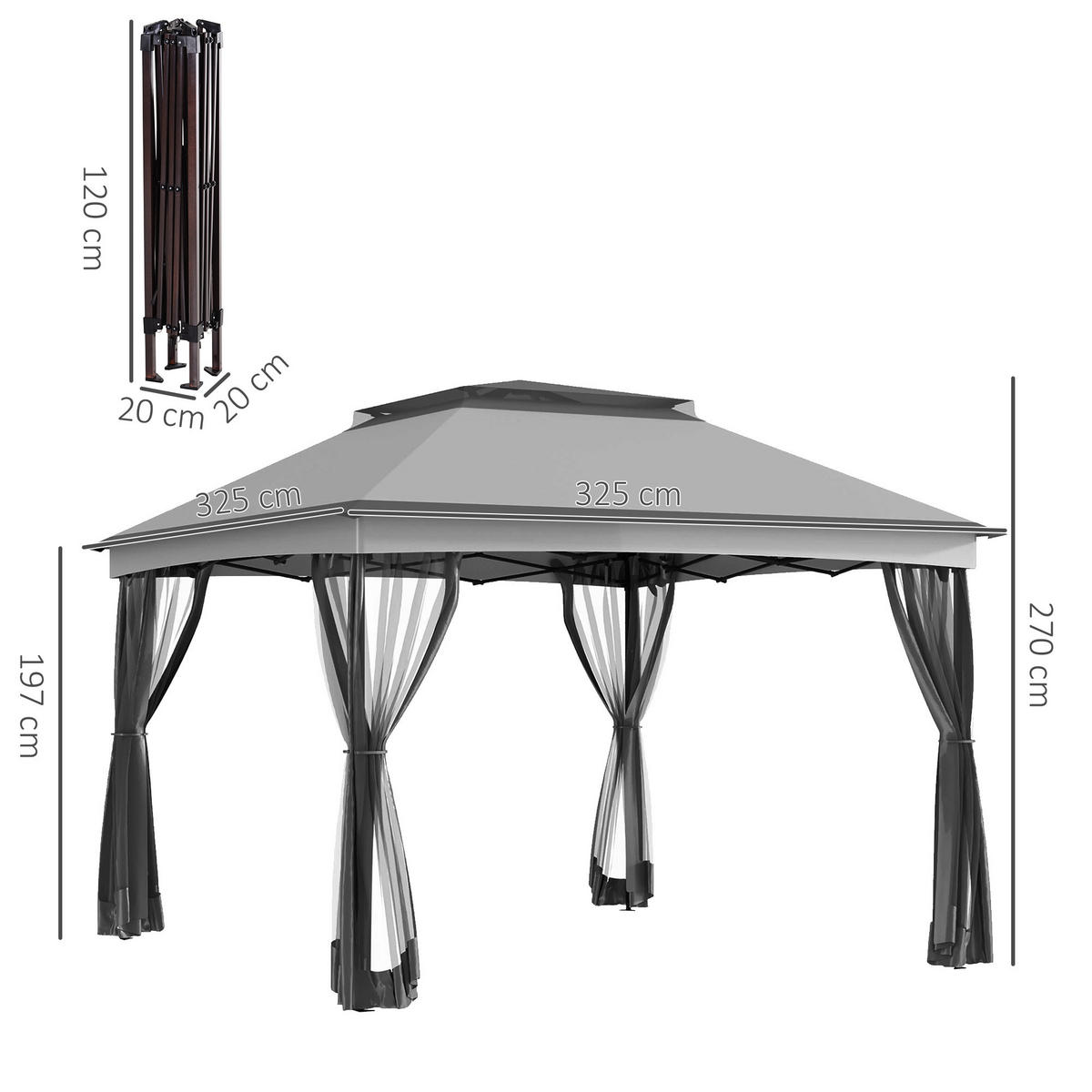 FALTPAVILLON, 3,3x3,3m, 4 UV-beständige Netzseitenwände, Tragetasche, Hellgrau - Multicolor, Metall (325/270/325cm) - FORIOUS