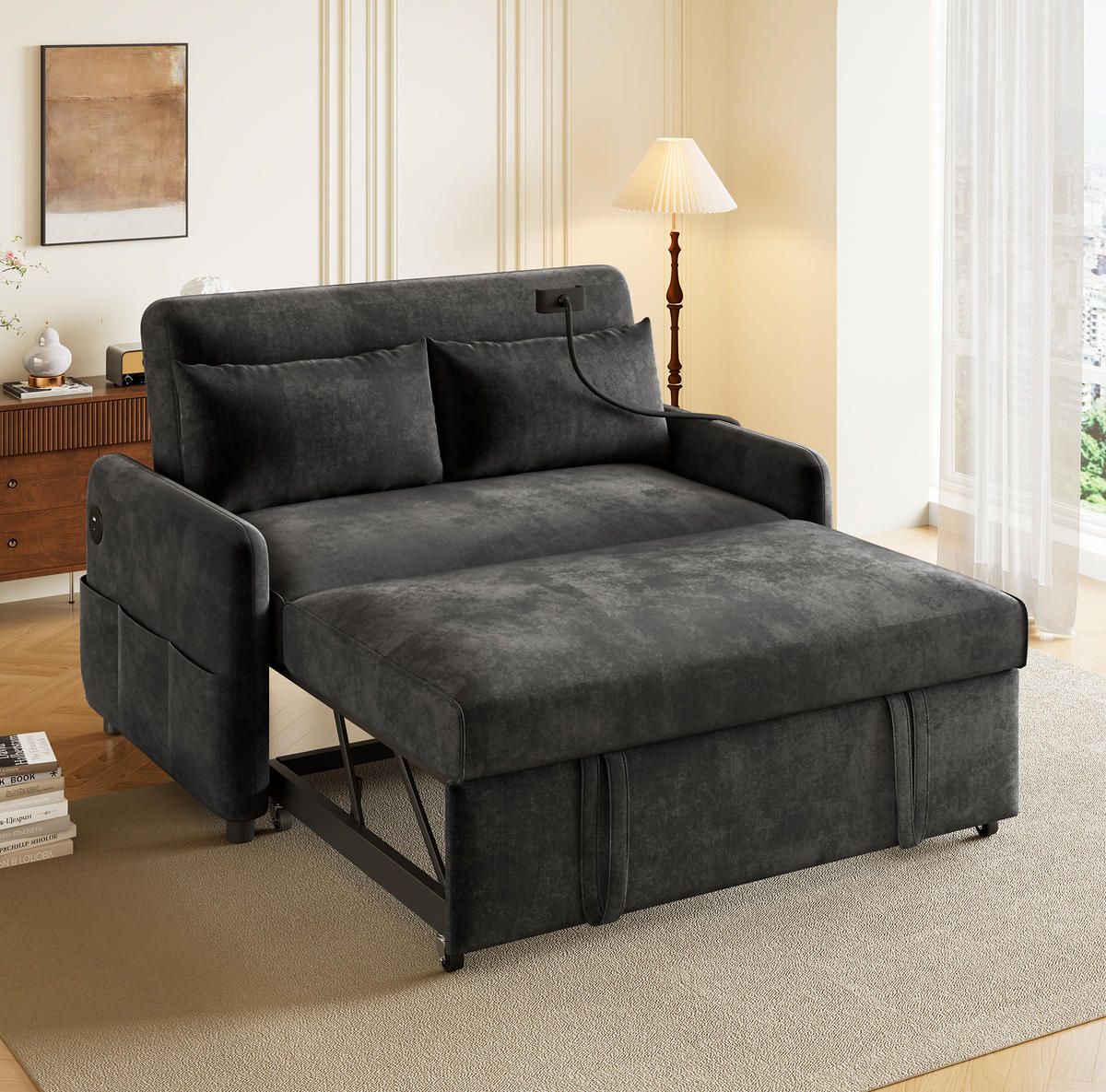 SCHLAFSOFA aus Chenille 129x76x81 cm Grau ausziehbar mit USB-Anschluss, verstellbarer Rückenlehne und Seitentaschen - Grau, Textil (76/81/129cm) - Modfu