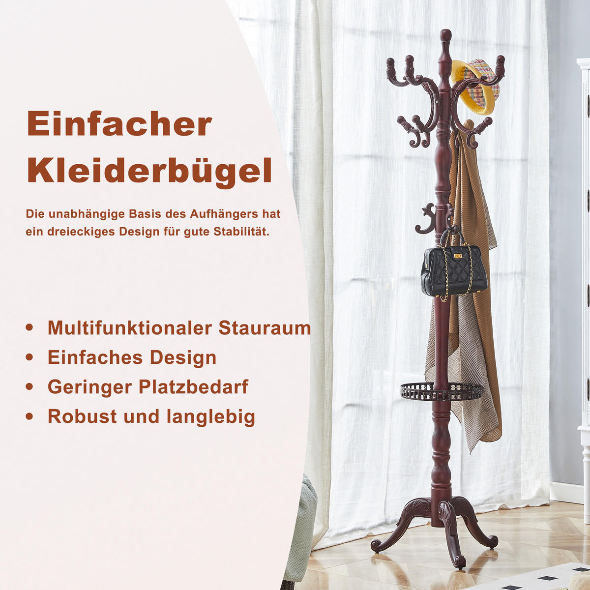 GARDEROBENSTÄNDER massivholz nussbaumfarben mit regenschirmhalter und mehrstöckigen haken - Walnussfarben, Holz (50/195/50cm) - Urban Meuble