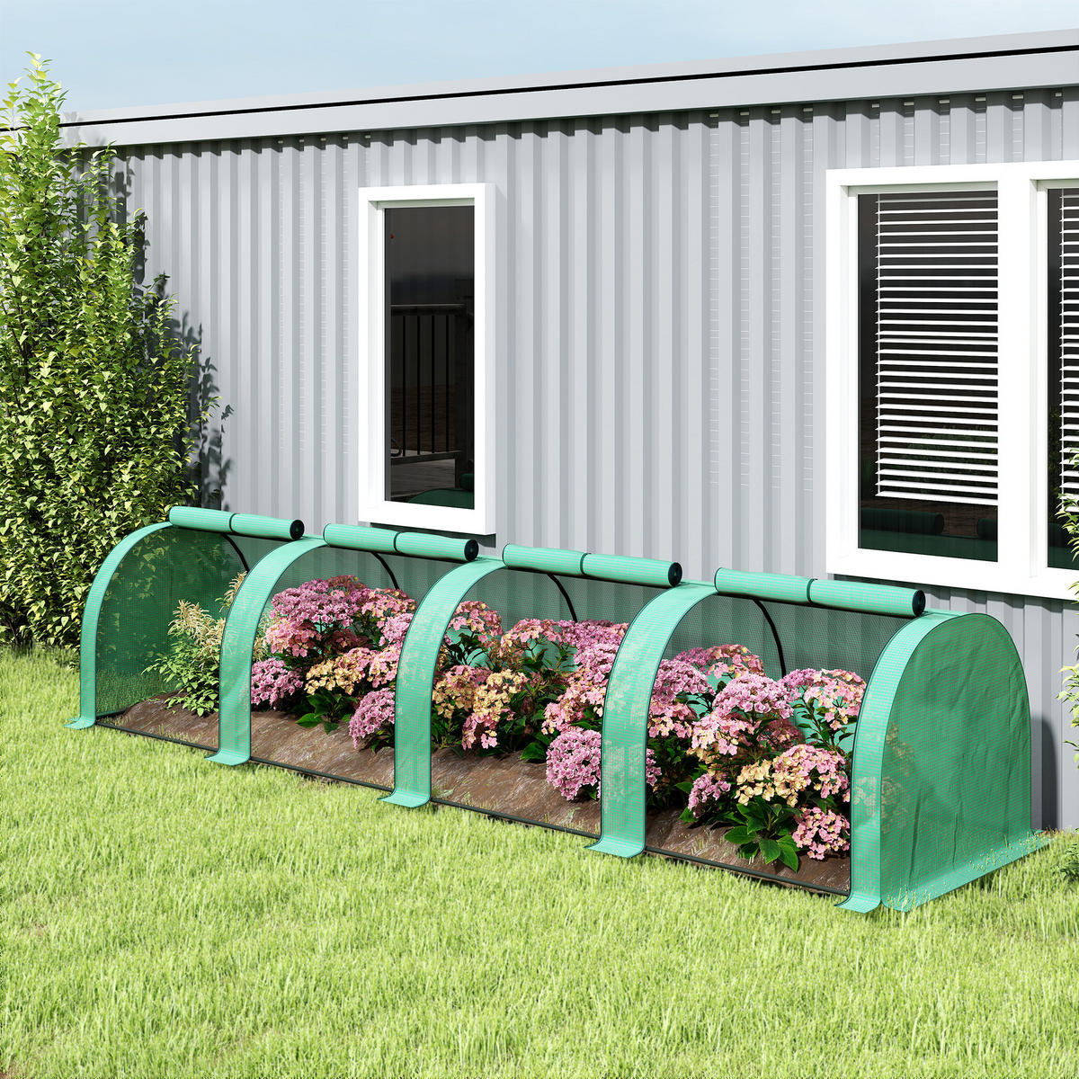 GEWÄCHSHAUS mit PE-Gitterfolie Aufrollbar Seitenwände Winterfest - Dunkelgrün, Kunststoff (100/80/395cm) - Outsunny