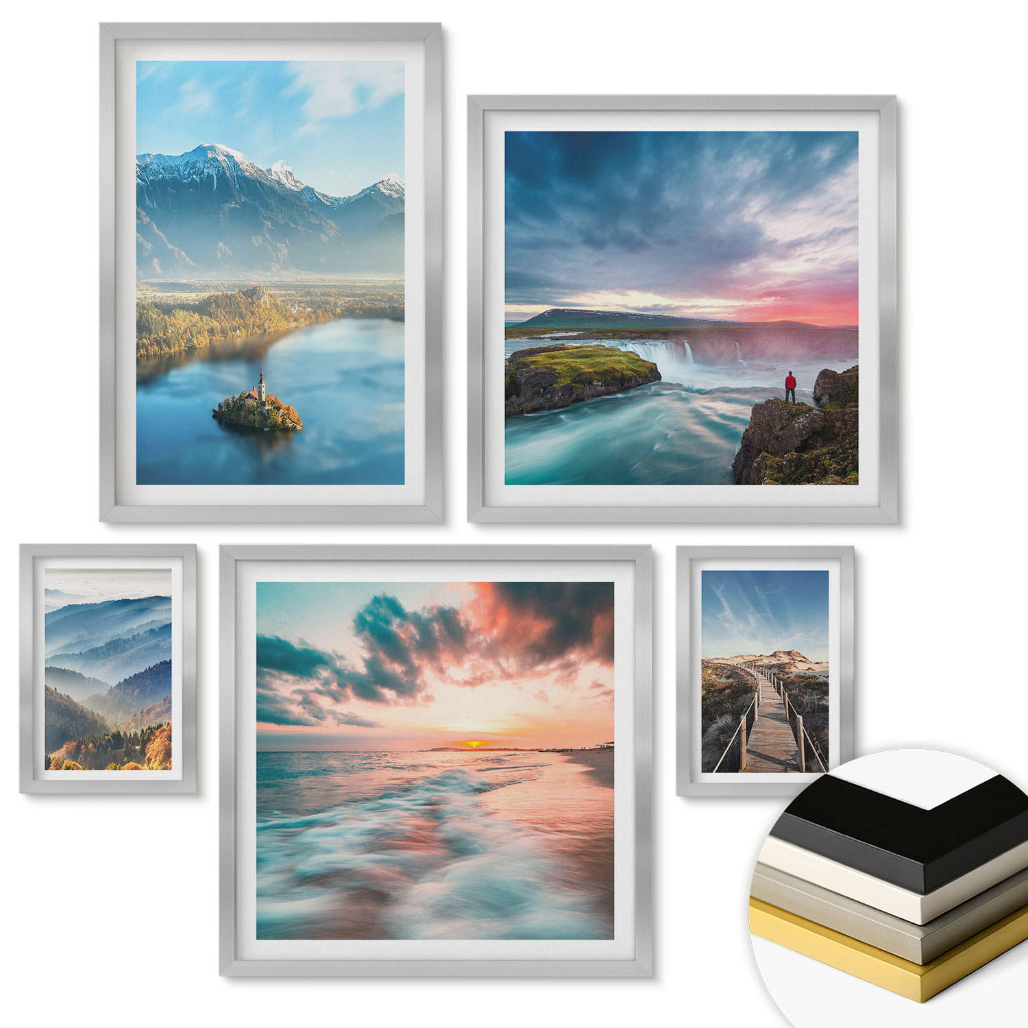 WANDBILDER 5er Set - 50x50 cm & 20x30 cm & 40x60 cm Silberner Rahmen - Berglandschaften, Wasserfälle - Silberfarben, Kunststoff (40/60cm) - ArtPrintCave