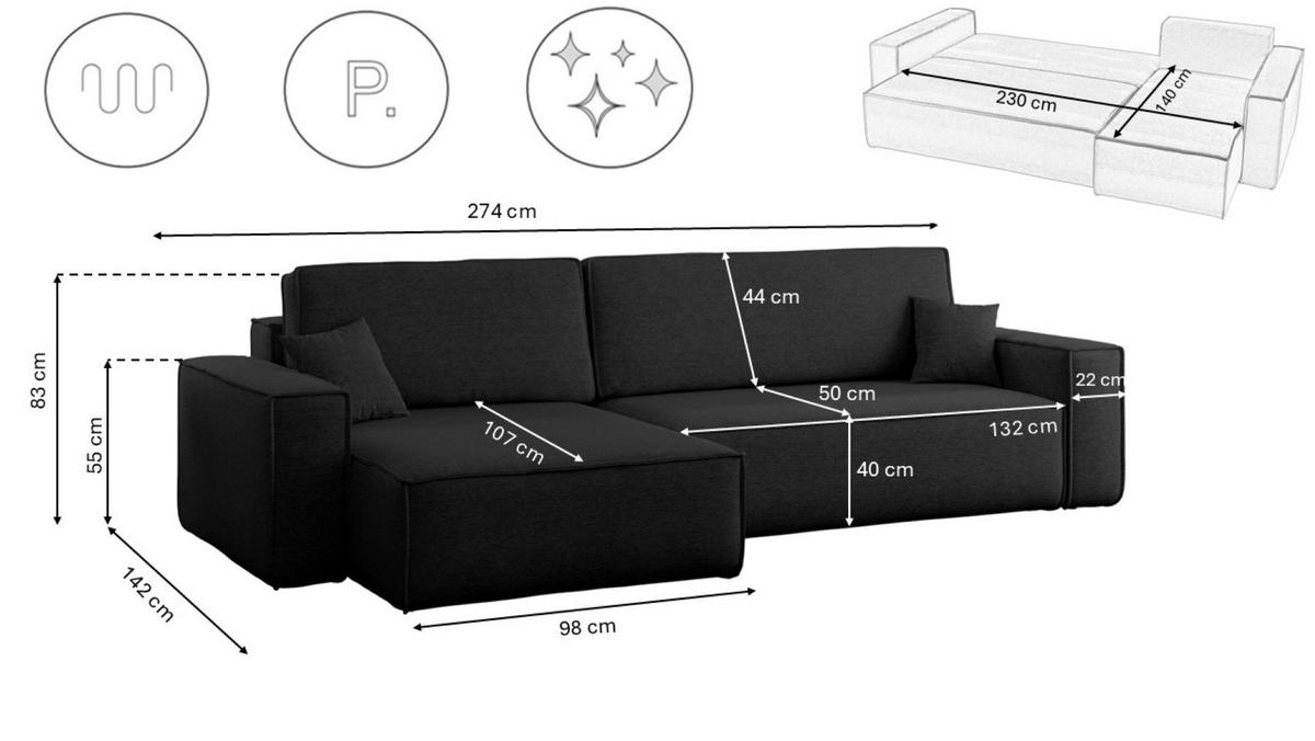 ECKSOFA Mit Schlaffunktion Und Bettkasten, Eckcouch Best XL Stoff Verita Schwarz Links - Schwarz, Holz (145/274cm) - Kaiser Möbel