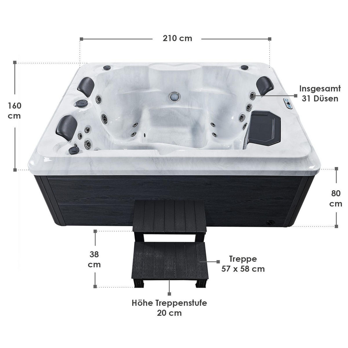 WHIRLPOOL Oasis mit Treppe Outdoor - Anthrazit, Kunststoff (210/80/160cm) - Artsauna