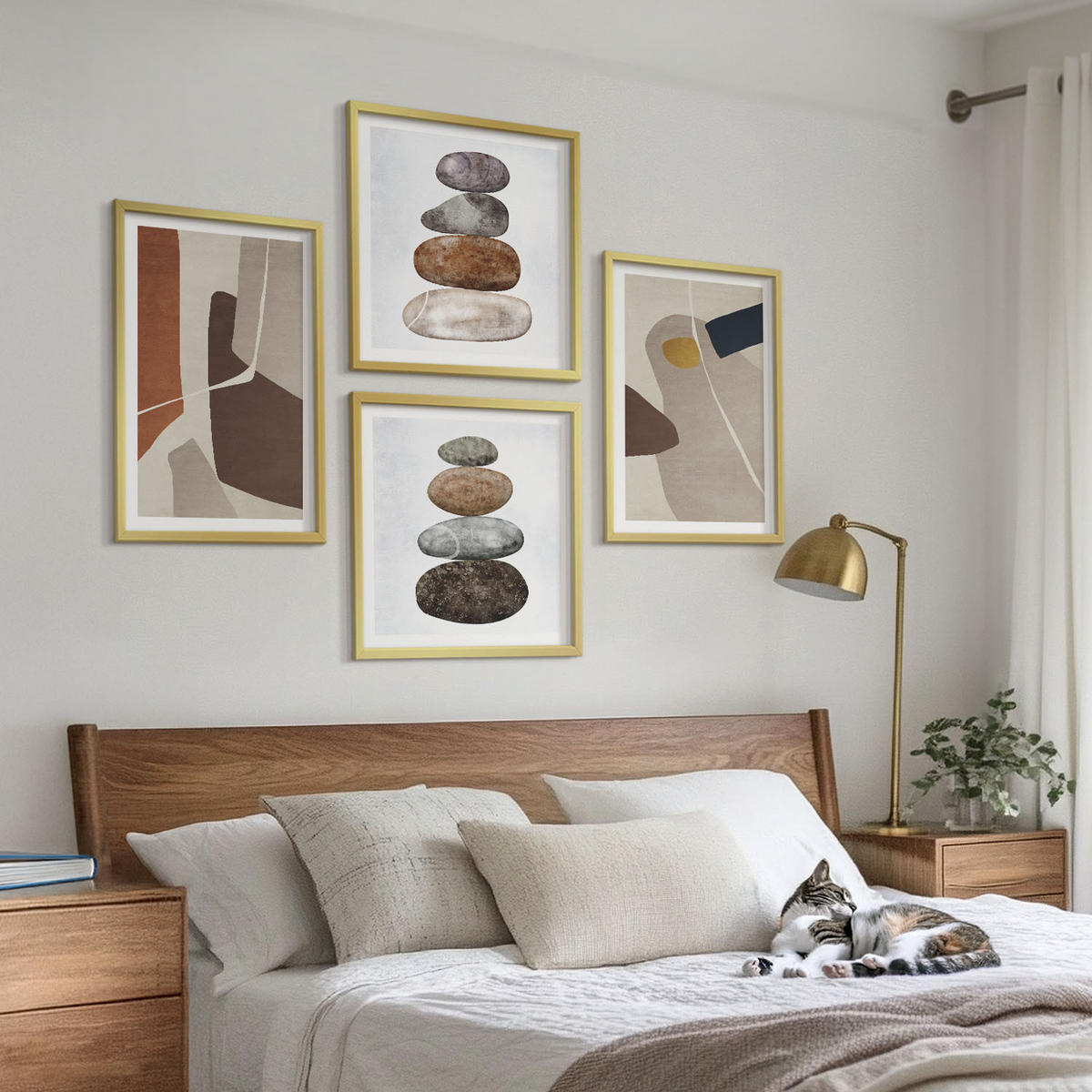 BILDER SET 4er Set - 50x50 cm & 40x60 cm Goldrahmen - Abstrakte Boho-Formen - Goldfarben, Kunststoff (50/50cm) - TULUP