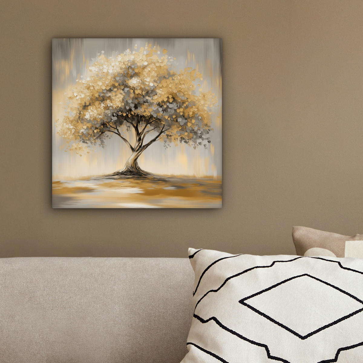 LEINWANDBILD Gemälde - Baum - Abstrakt - Blätter Deko Wohnzimmer 20x20 cm - Beige, Textil (20/20cm) - MuchoWow