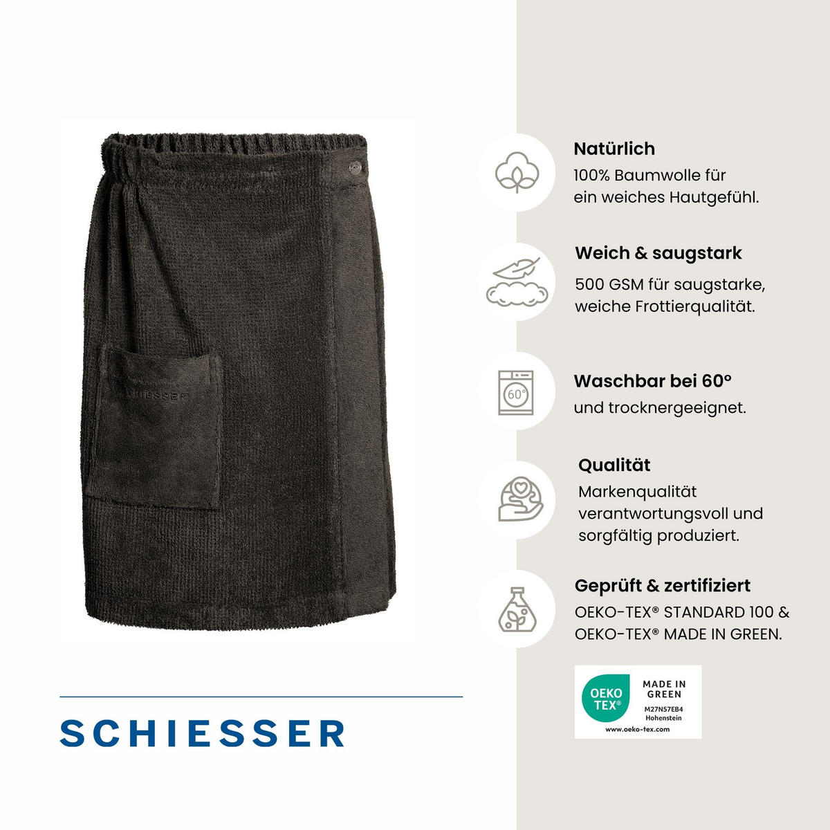 SAUNAKILT Turin Herren - 46-54 - Dunkelgrau - Dunkelgrau, Textil (55/150cm) - SCHIESSER