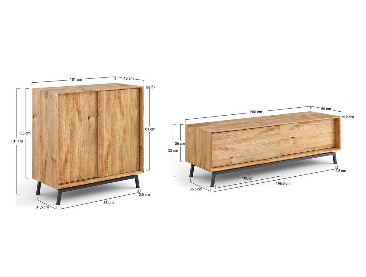 WOHNWAND Xer-Set Modern Loft Eiche Natur 301 / 50 / 101cm - Eichefarben/Schwarz, Holz/Metall (301/101/50cm) - Feldmann-Wohnen