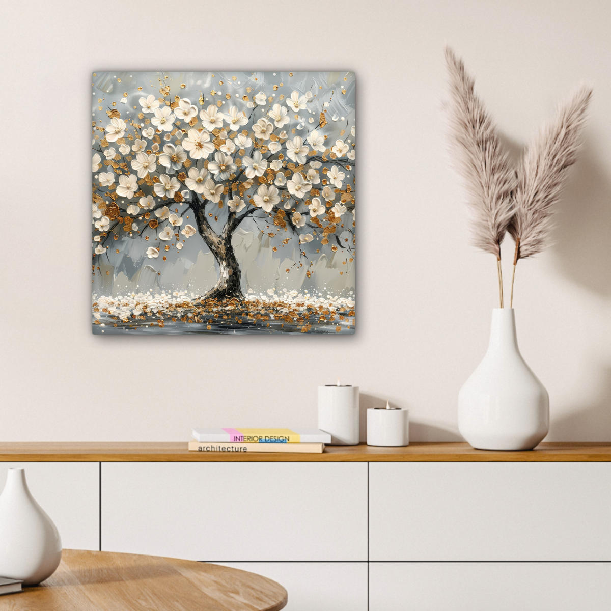 LEINWANDBILD Baum - Blumen - Weiß - Natur - Kunst Wandbild Wohnzimmer 50x50 cm - Weiß, Textil (50/50cm) - MuchoWow