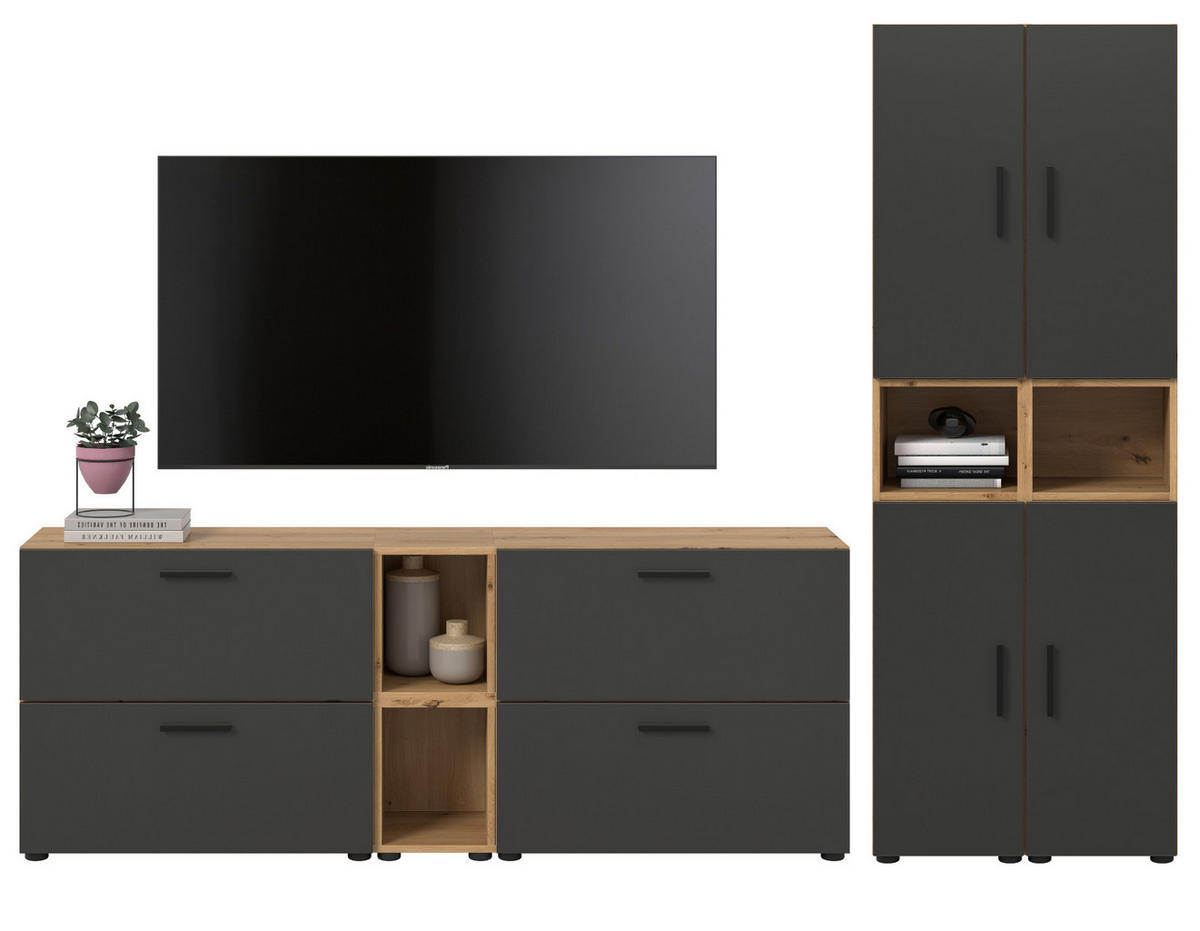 WOHNWAND grau, Eiche Artisan 256 x 178 cm, Schrankwand mit Soft-Close - Schwarz/Eiche Artisan, Holzwerkstoff/Kunststoff (256/151/34cm) - Inn.Furn