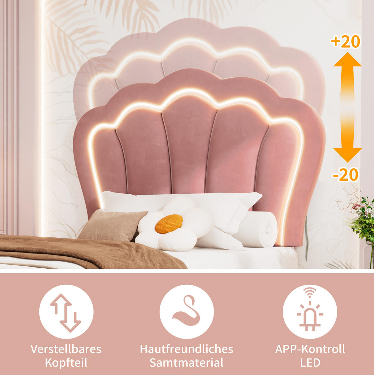 JUGENDBETT 90/190 cm aus Samt mit LED-Beleuchtung, Schublade und höhenverstellbarem Kopfteil Rosa - Rosa, Textil (90/190cm) - Modenvie