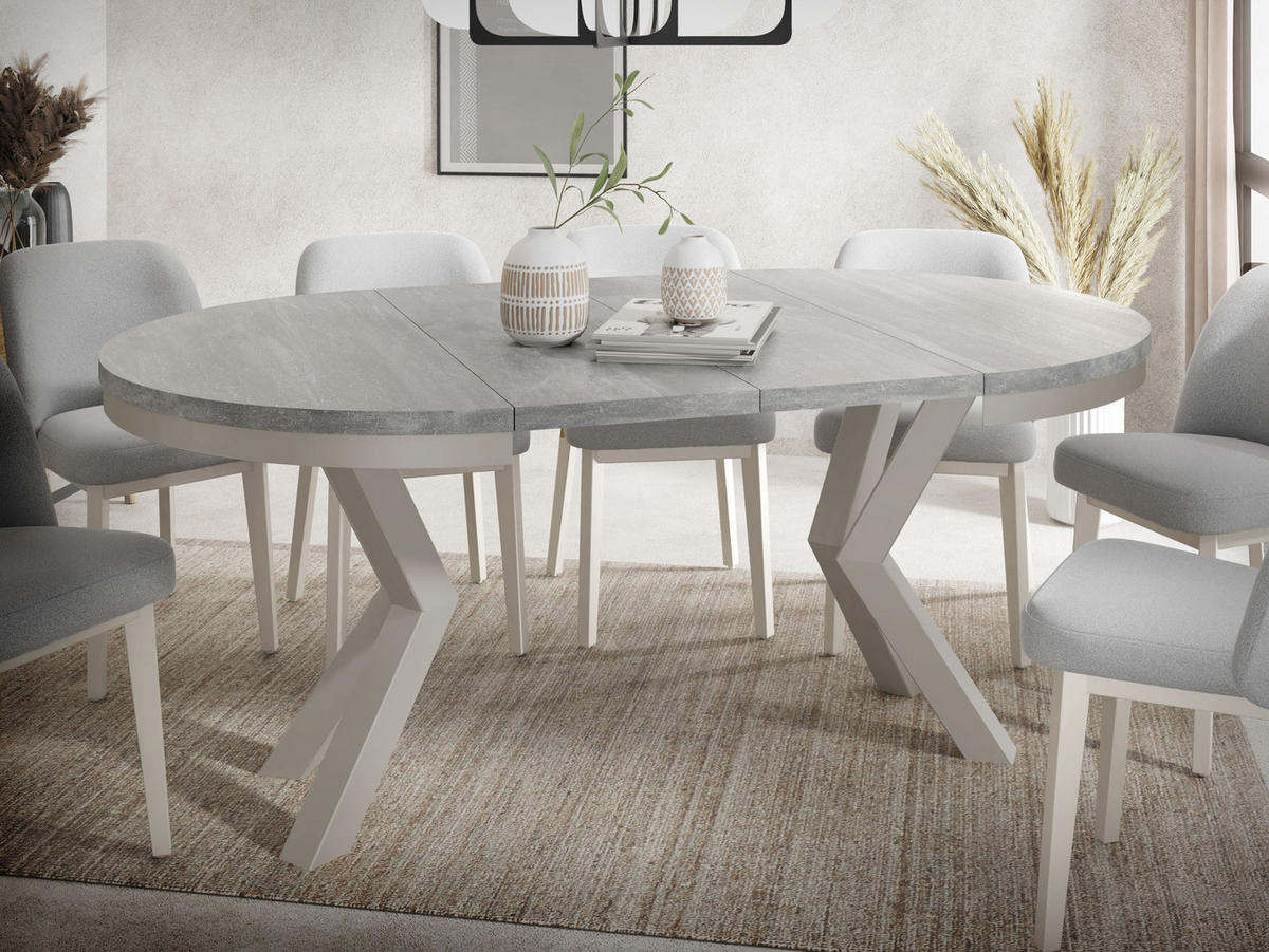 ESSTISCH Clara Grau-Beige runder ausziehbarer, Grauer Beton 100-180/100/76 cm - Hellgrau/Grau, Holzwerkstoff/Metall (100/100/76cm) - WFL GROUP