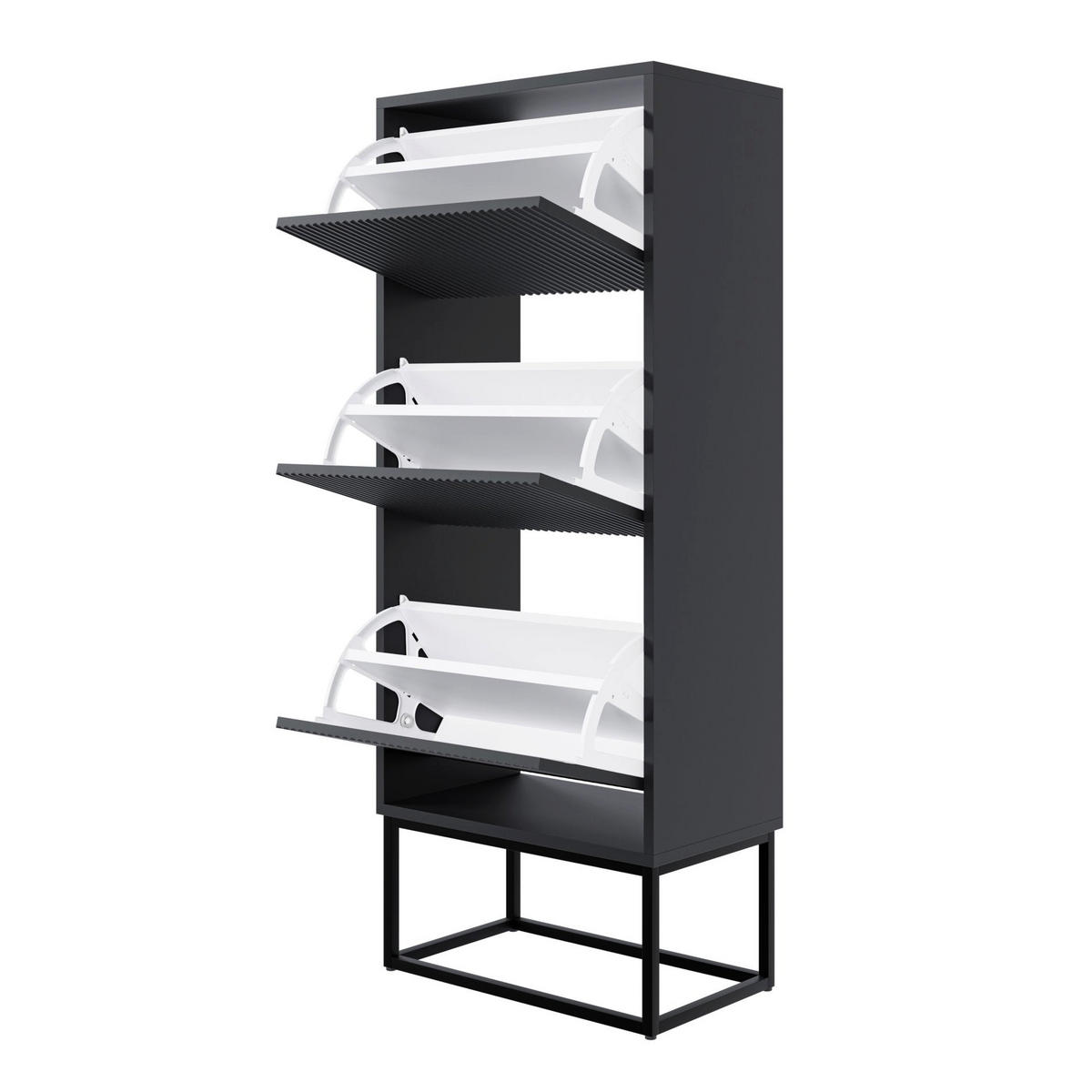 SCHUHSCHRANK Veldio mit 3 Klappen Schwarz mit schwarzem Metallgestell 50 cm - Schwarz, Holzwerkstoff/Metall (50/125/30cm) - Selsey