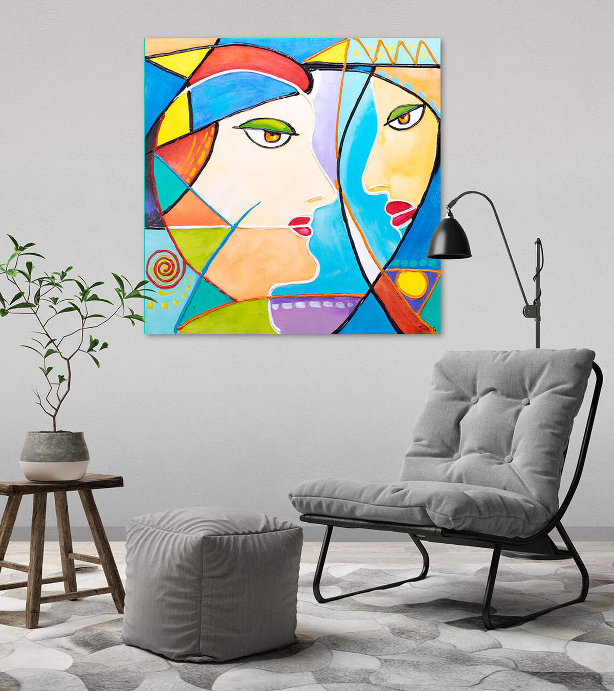 ACRYLBILD HANDGEMALT 87/87 cm - Blau/Gelb, Holz/Textil (87/87cm) - KUNSTLOFT