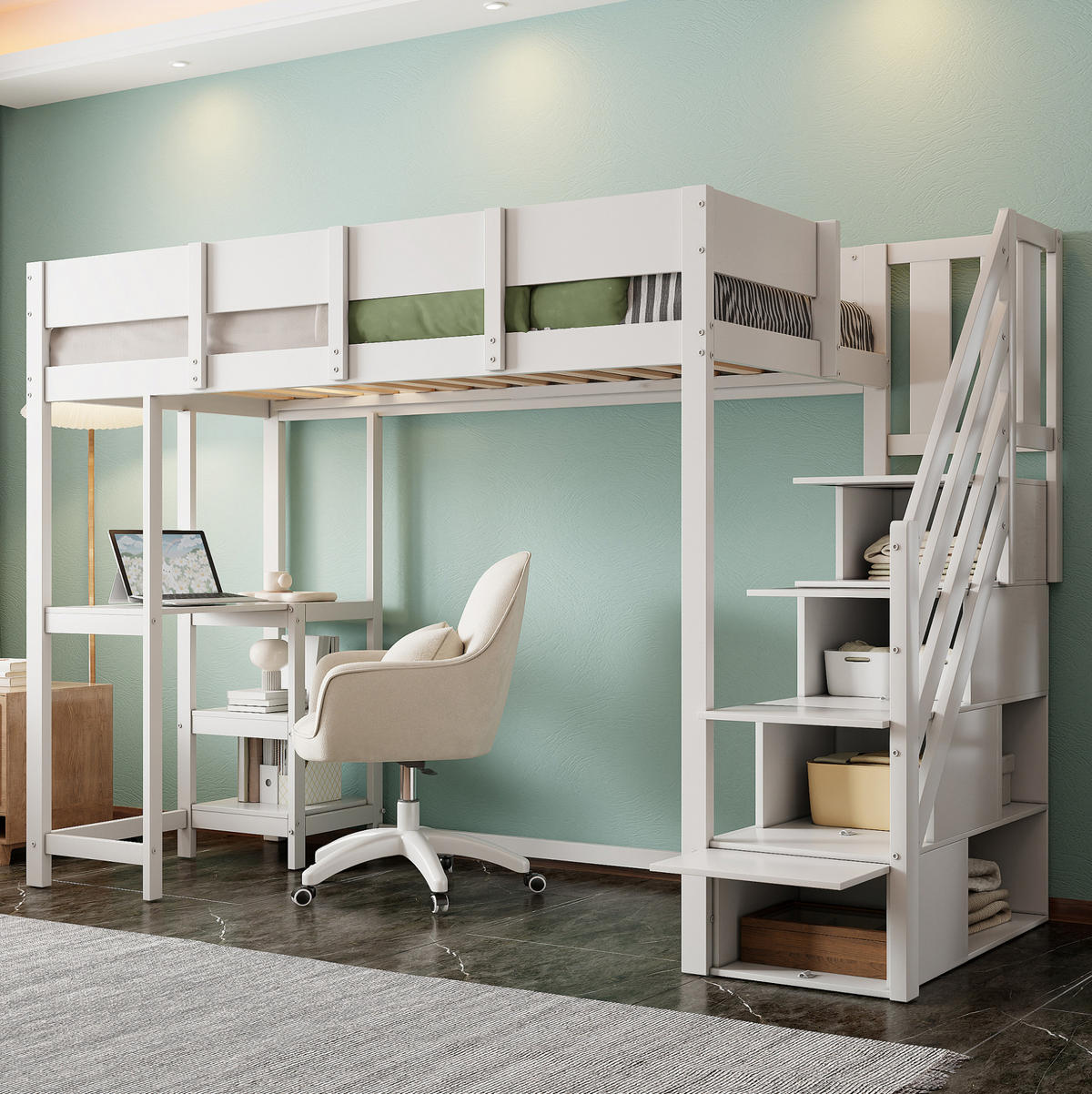 VYSOKÁ posteľ 90/200 cm biela z dreva s úložnými schodmi a policou - biela, drevo (90/200cm) - OKWISH