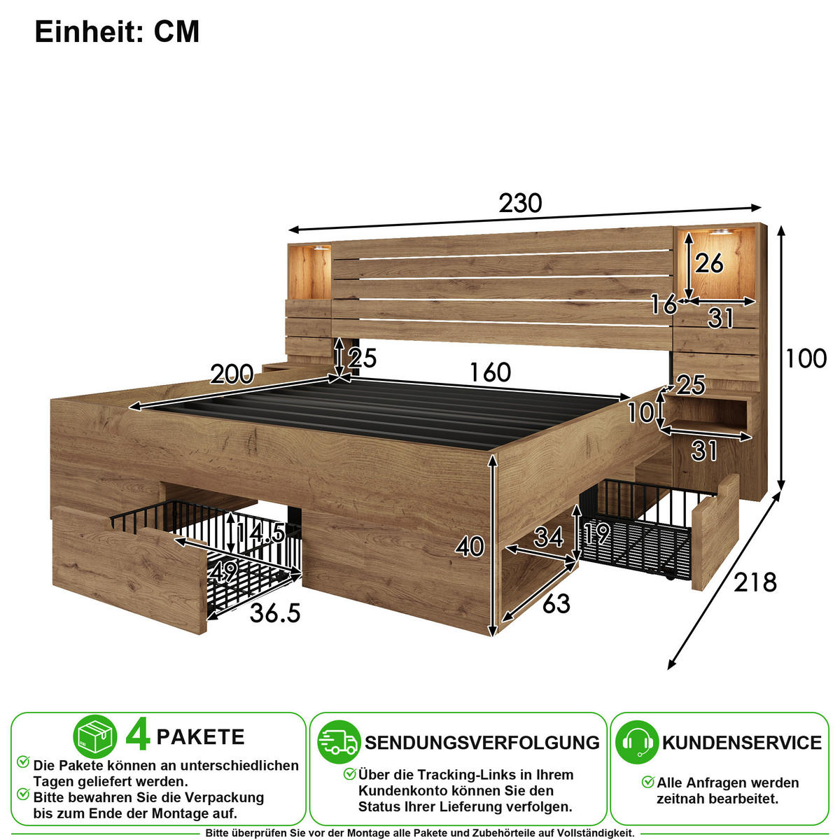 BETT 160/200 cm in Eiche mit LED, USB und 3 Schubladen - Eichefarben, Holz/Holzwerkstoff (160/200cm) - CHICFURN