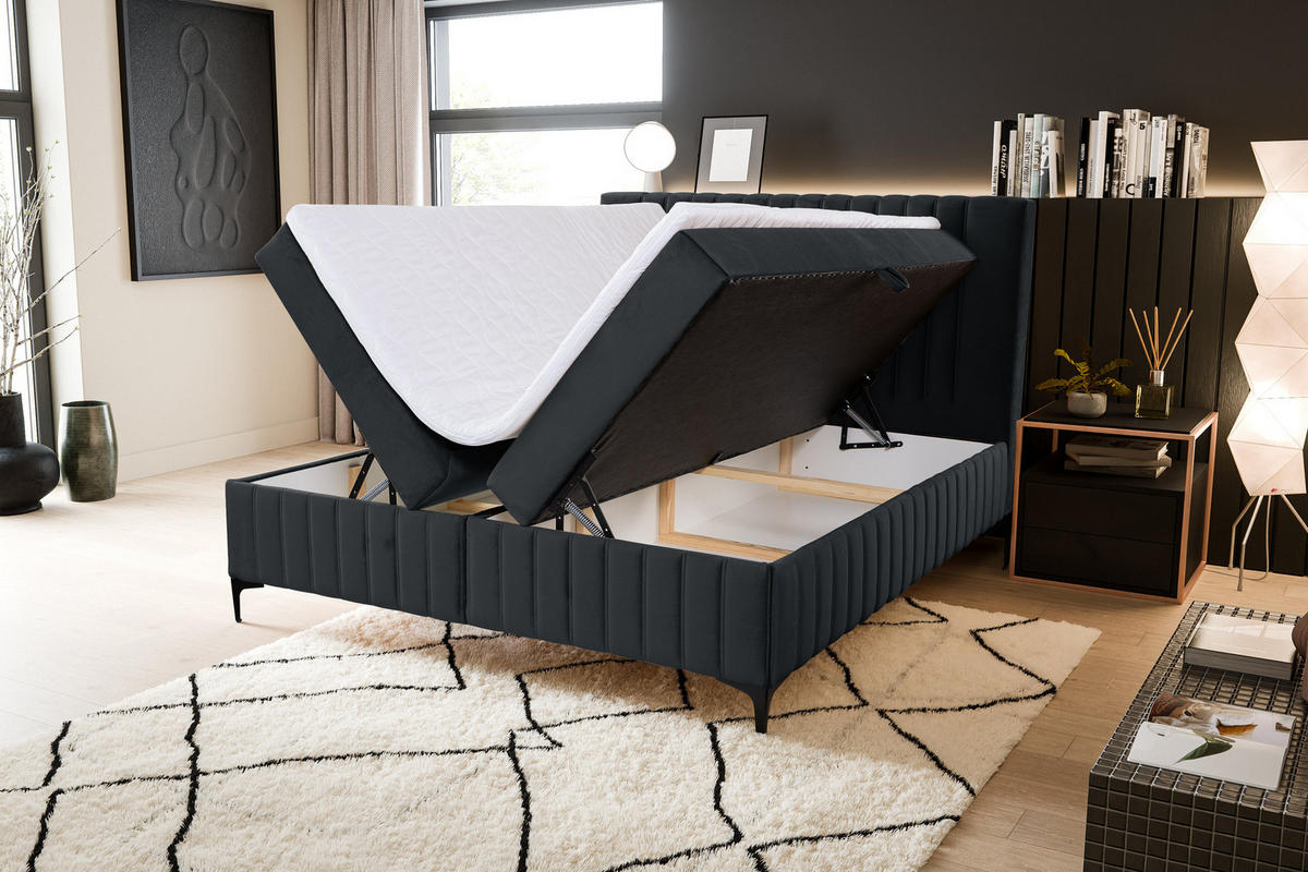 BOXBETT QUANT mit 2 Bettkästen, 180x200, Farbe: Schwarz, Velourstoff, mit Bonell-Matratze inkl. Topper - Schwarz, Holz/Kunststoff (180/200cm) - VENASI MÖBEL