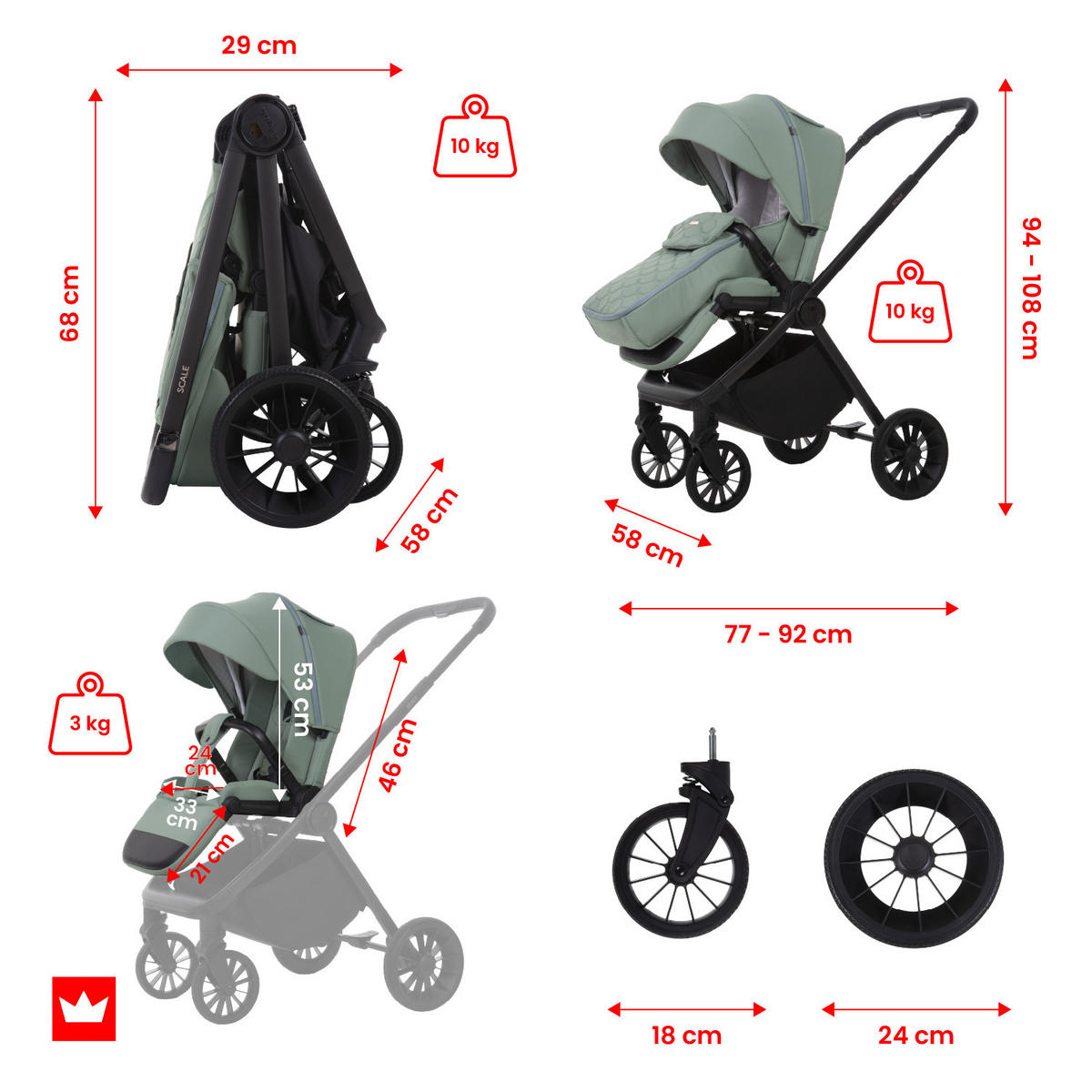 BUGGY Scale, Klein und Leicht, Teleskopische Führung, Kompakt Faltbar, Wickeltasche, Reisetasche - Dunkelgrün/Schwarz, Textil/Metall (58/100cm) - BabyLux