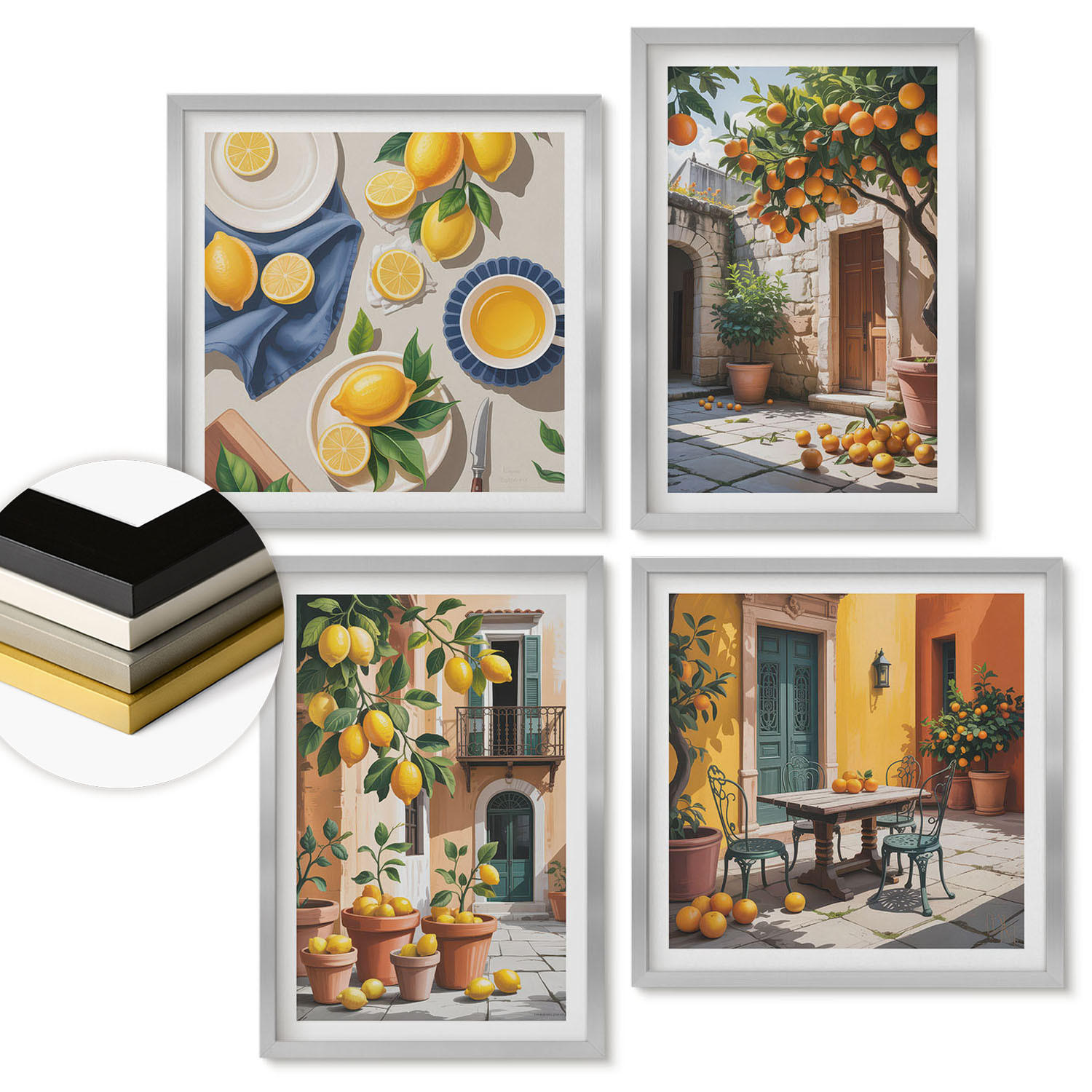 WANDBILDER 4er Set - 50x50 cm & 40x60 cm Silberner Rahmen - Zitrusbäume in einem sonnigen Garten - Silberfarben, Kunststoff (50/50cm) - ArtPrintCave