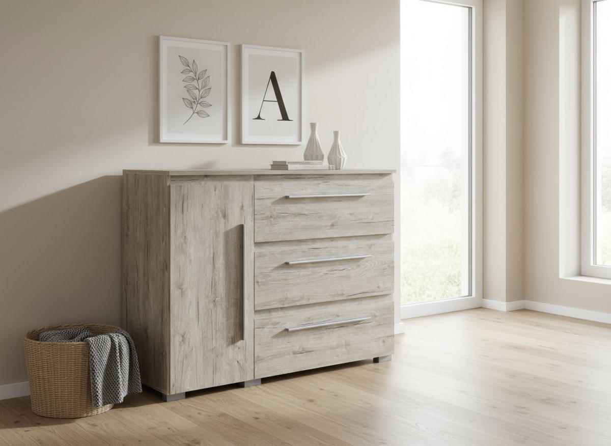 KOMMODE Bali 127/92/50 cm Eiche Sand - Eichefarben/Silberfarben, Holzwerkstoff/Kunststoff (127/92/50cm) - arthur berndt