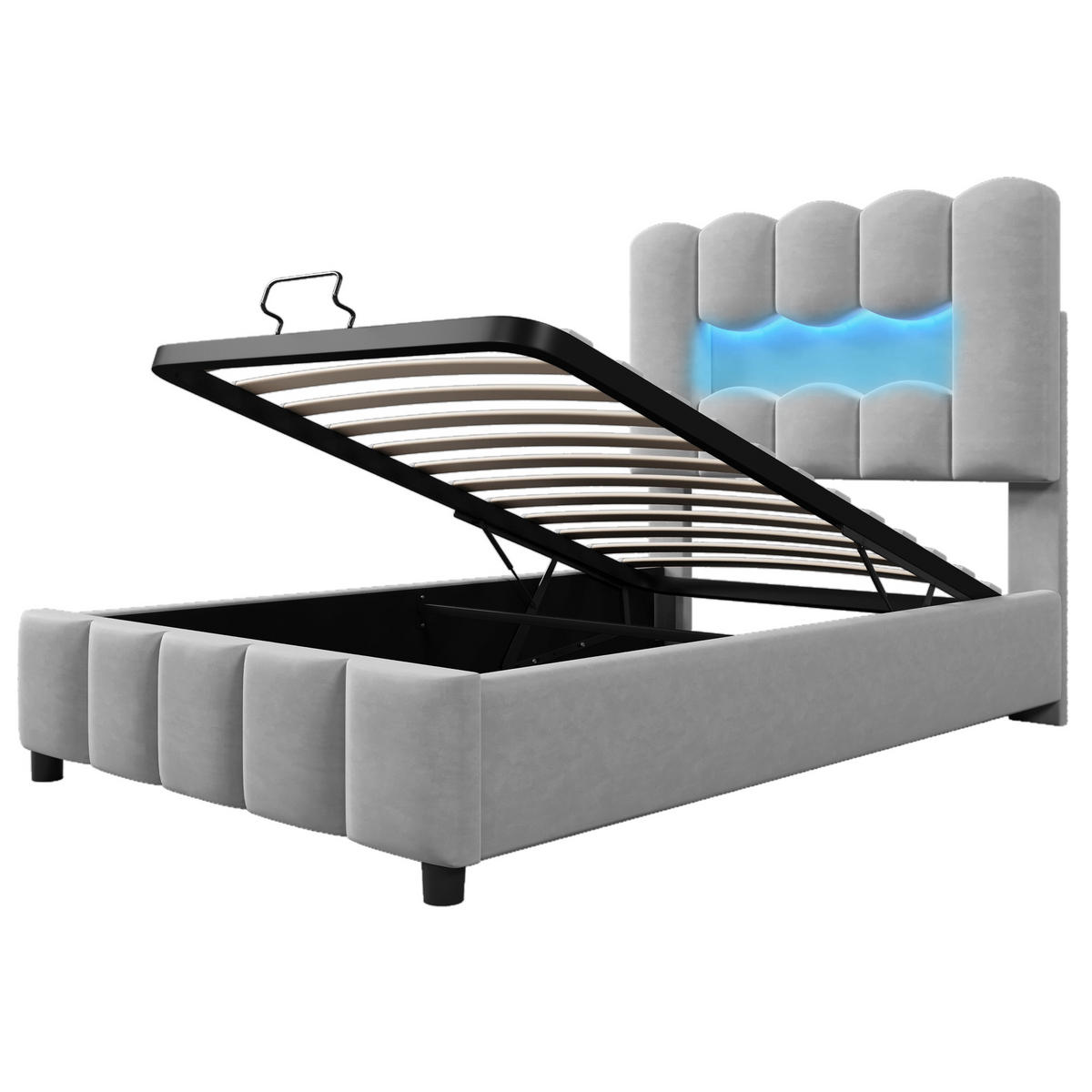 POLSTERBETT 90x200cm Grau Samt LED-Licht Hydraulik Kopfteil - Grau, Holz (90/200cm) - FLIEKS