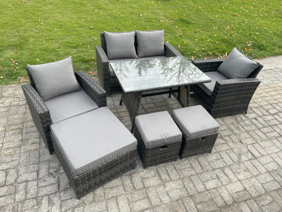 GARTENMÖBELSET mit ESSTISCH,HOCHLEHNER-SOFA Polyrattan Dunkelgrauer Mix 7-Sitzer - Dunkelgrau/Grau, Glas/Kunststoff - Fimous