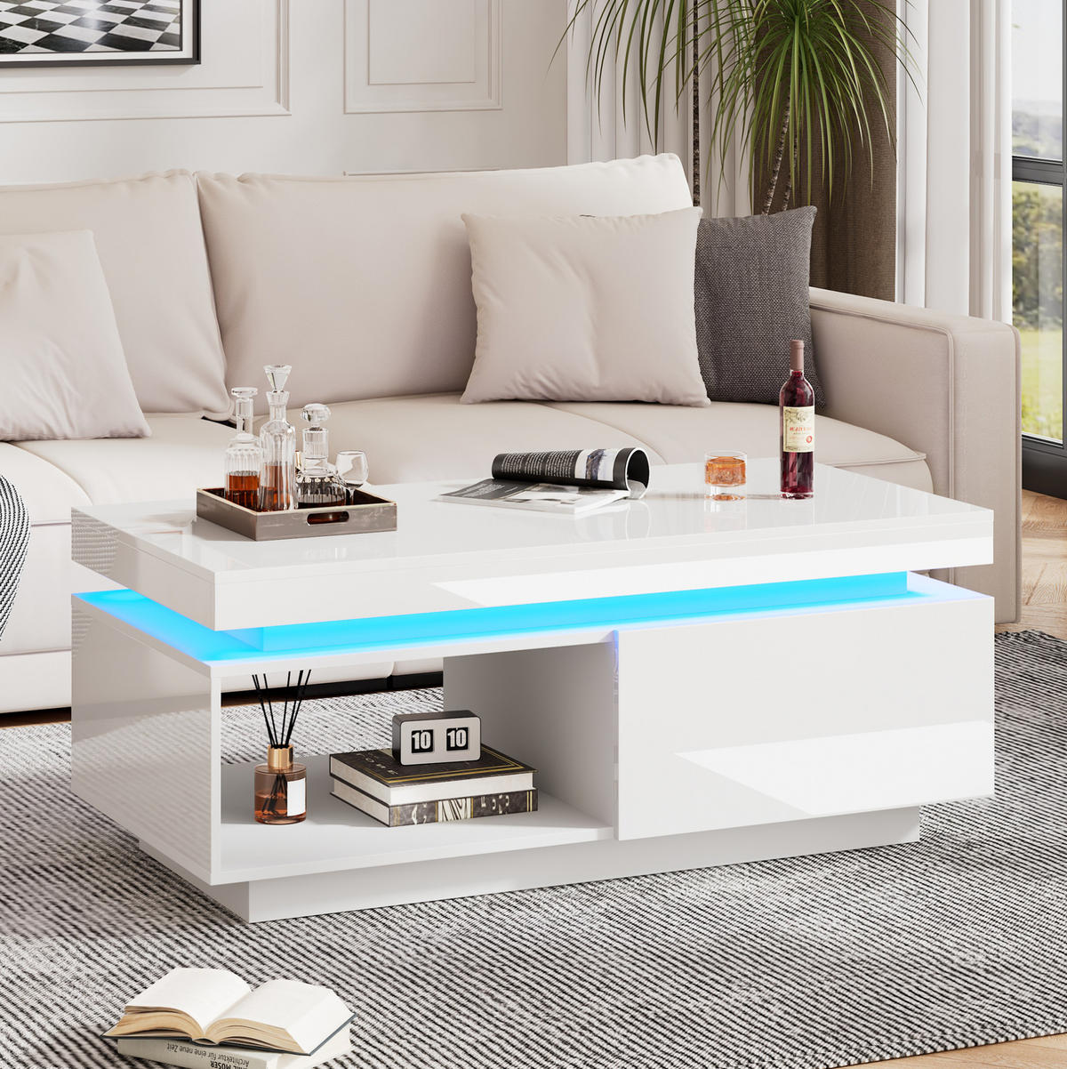 COUCHTISCH mit Schublade und LED 100 x 50 cm Hochglanz Weiß - Weiß, Holzwerkstoff (100/50/40cm) - Meubliv