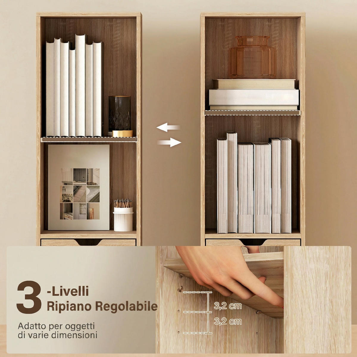 BÜCHERREGAL,4 Ebenen Schrank Schublade 30x24x158cm,holzfarbe - Beige, Holzwerkstoff (30/158/24cm) - Vallsero