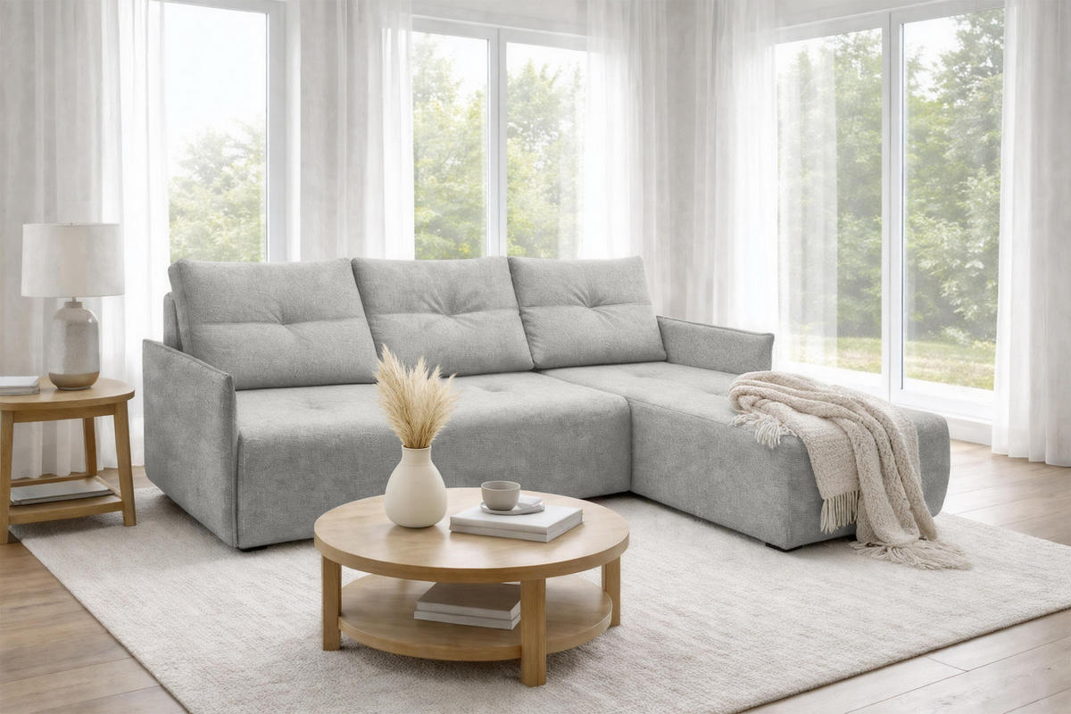 ECKSOFA L Form Damascus Hellgrau 212/143/88 cm Rechts mit Schlaffunktion - Hellgrau/Schwarz, Kunststoff/Textil (212/143cm) - AX Living