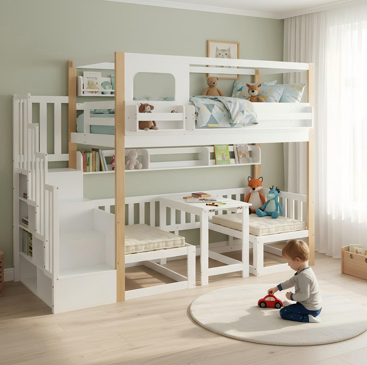 ETAGENBETT 90/200 cm Weiß/Natur mit Klapptisch und Aufbewahrungstreppe - Weiß, Holz (90/200cm) - Flora Grace