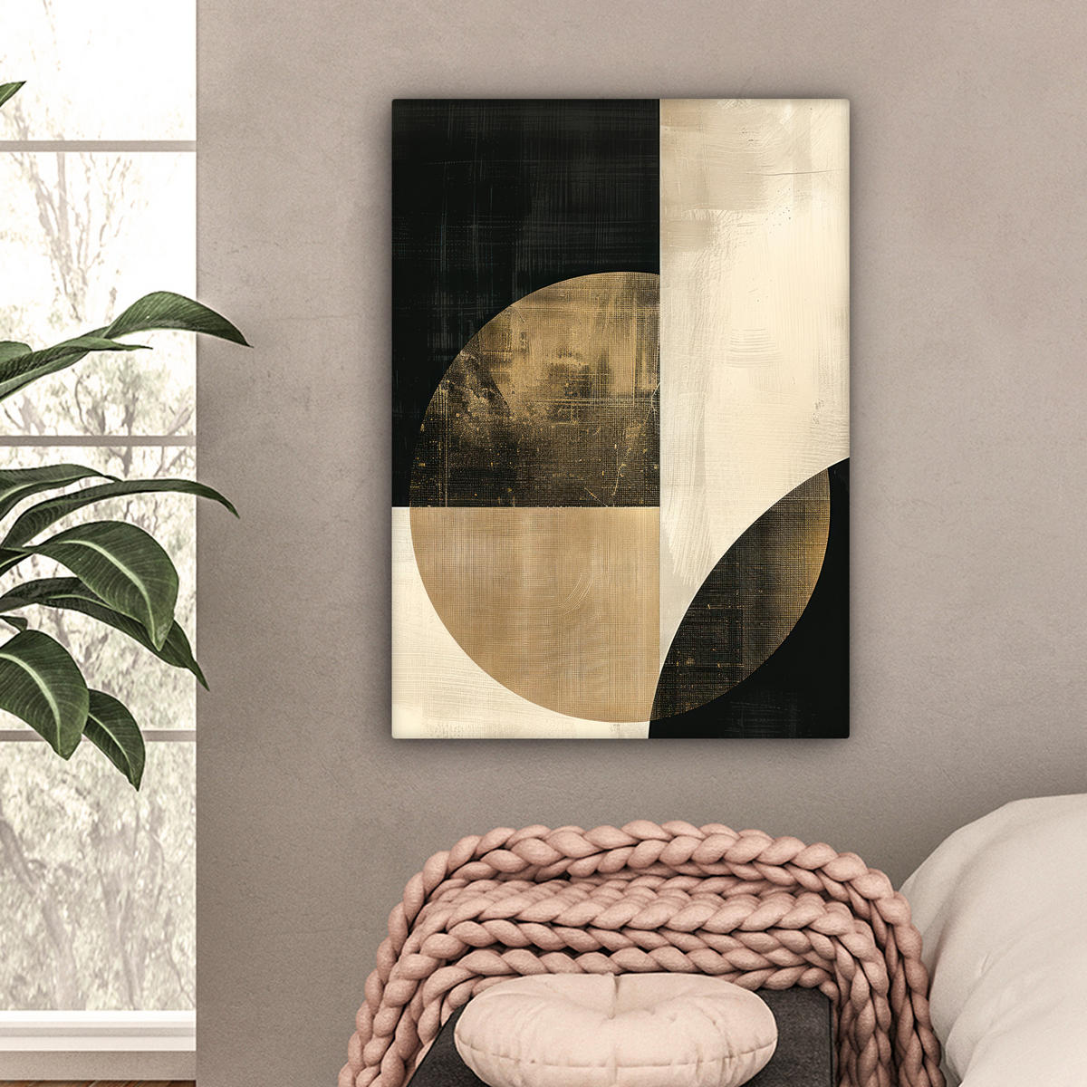 LEINWANDBILD Abstrakt - Geometrische Formen - Schwarz - Gold 60x80 cm - Ecru, Textil (60/80cm) - MuchoWow