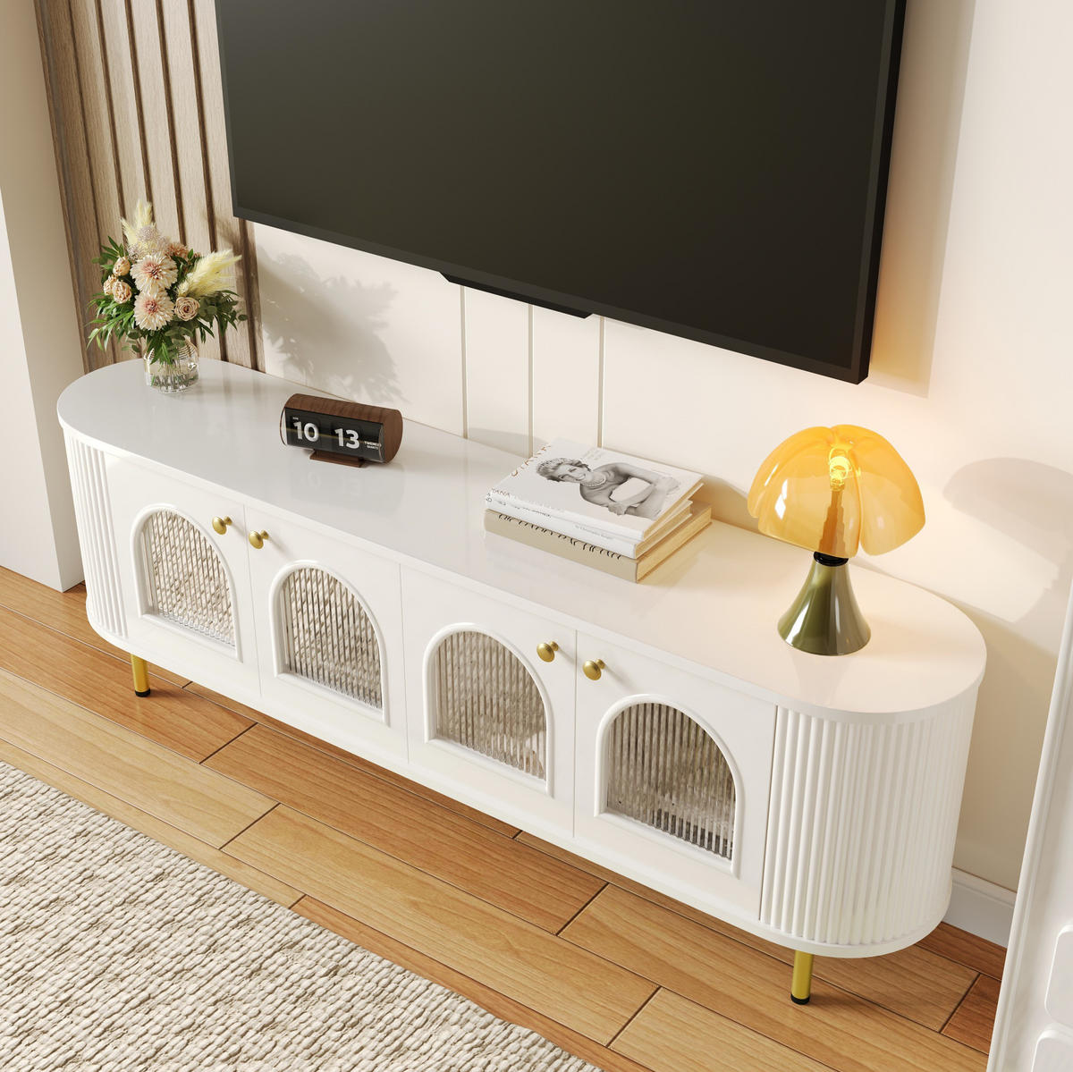 TV-ELEMENT mit 4 Glastüren 170 x 35 x 55 cm MDF White and Gold - Weiß, Holzwerkstoff (35/55/170cm) - Beauniv