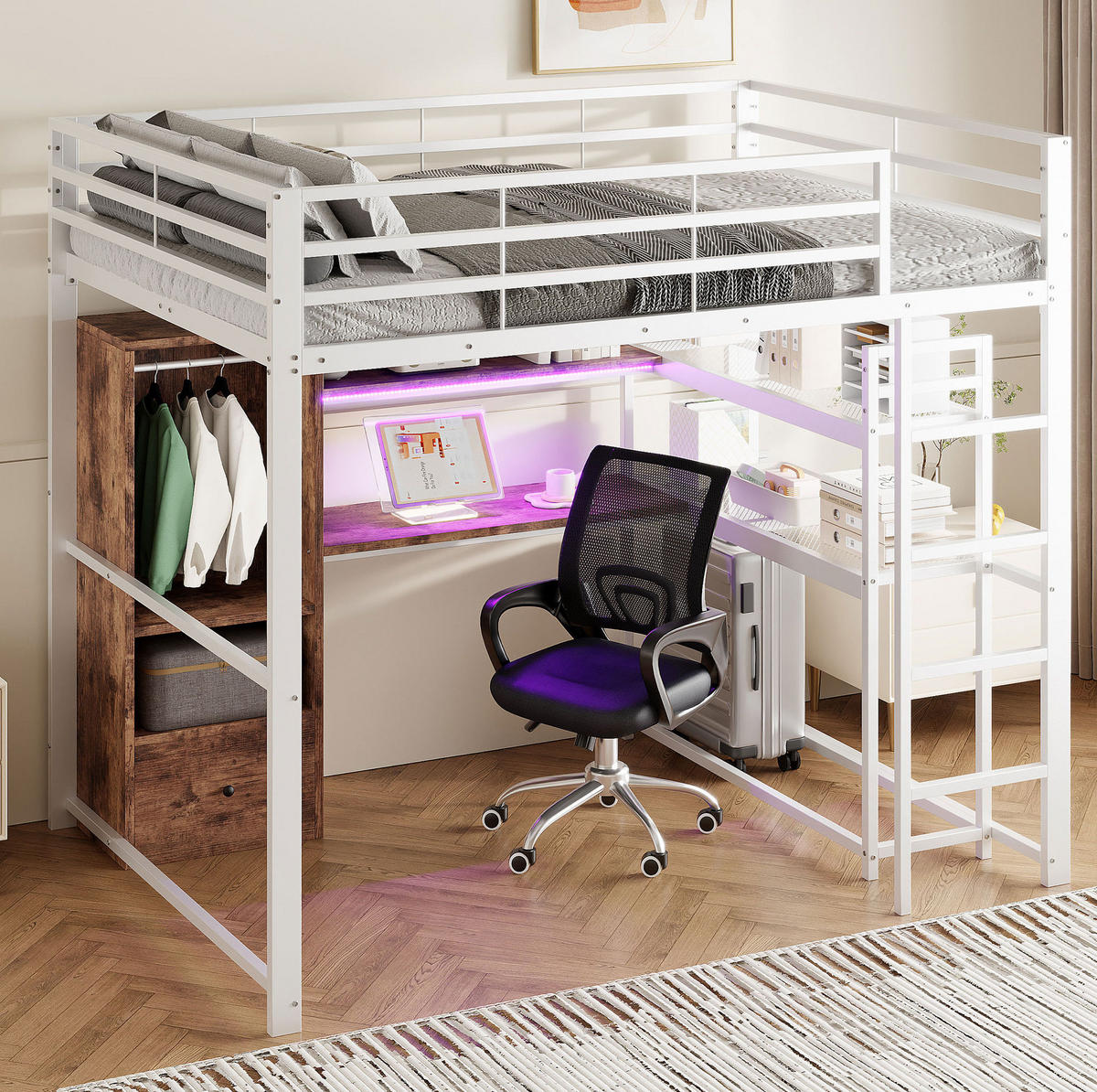 HOCHBETT 140/200 cm aus Metall und MDF mit Schreibtisch, Stauraum und LED-Beleuchtung Weiß - Weiß, Holzwerkstoff (140/200cm) - Modenvie