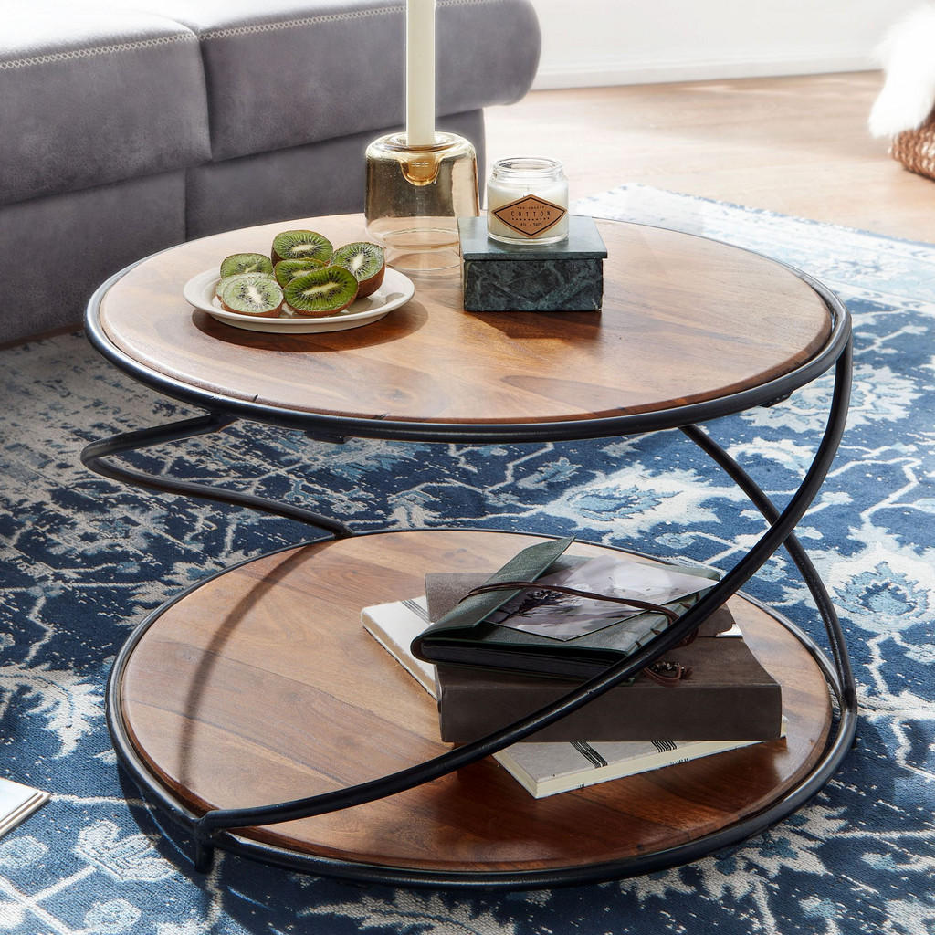 Thumbnail - Kadima Design Couchtisch, Braun, Holz, Echtholz,Sheesham, Rund,Rund, Gittergestell, 58x35x58 cm, Wohnzimmer, Wohnzimmert...