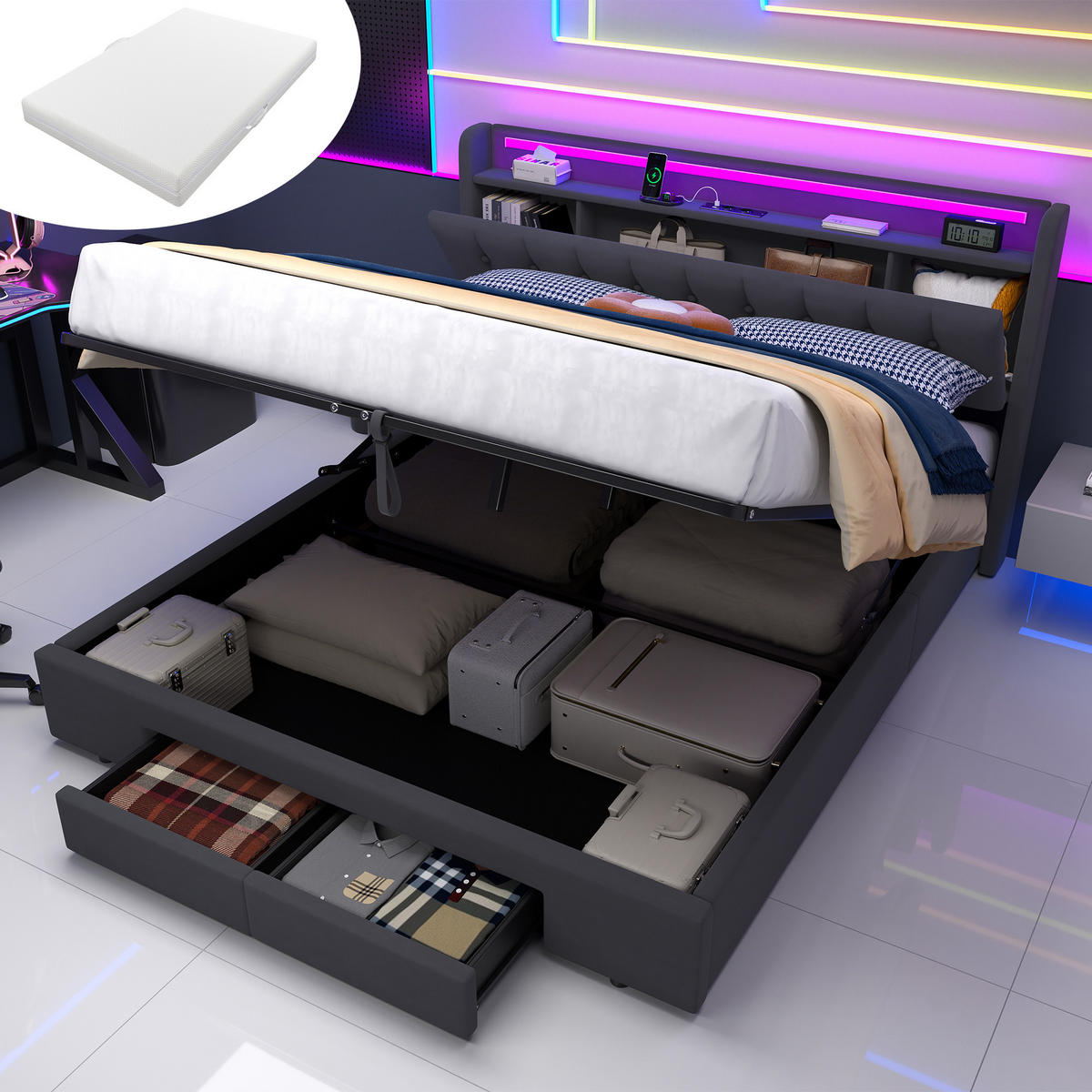 ČALÚNENÁ posteľ 180/200cm tmavosivá zo zamatu, kovu a dreva s LED svetlom, USB konektorom a úložným priestorom - sivá, textil (180/200cm) - Modfu