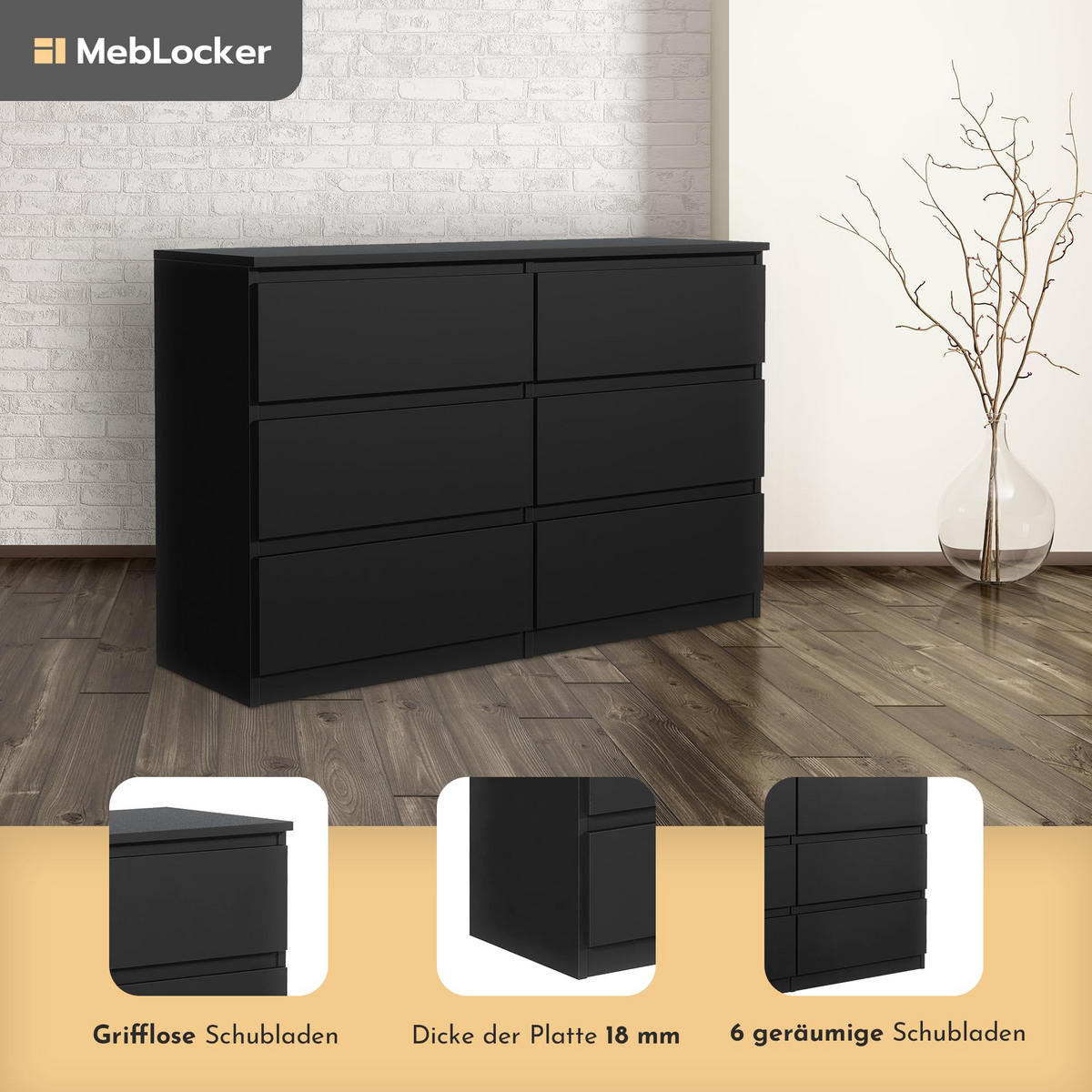 KOMMODE mit 6 Schubladen 120 cm Schwarz - Schwarz, Holzwerkstoff (120/78.5/39cm) - MebLocker