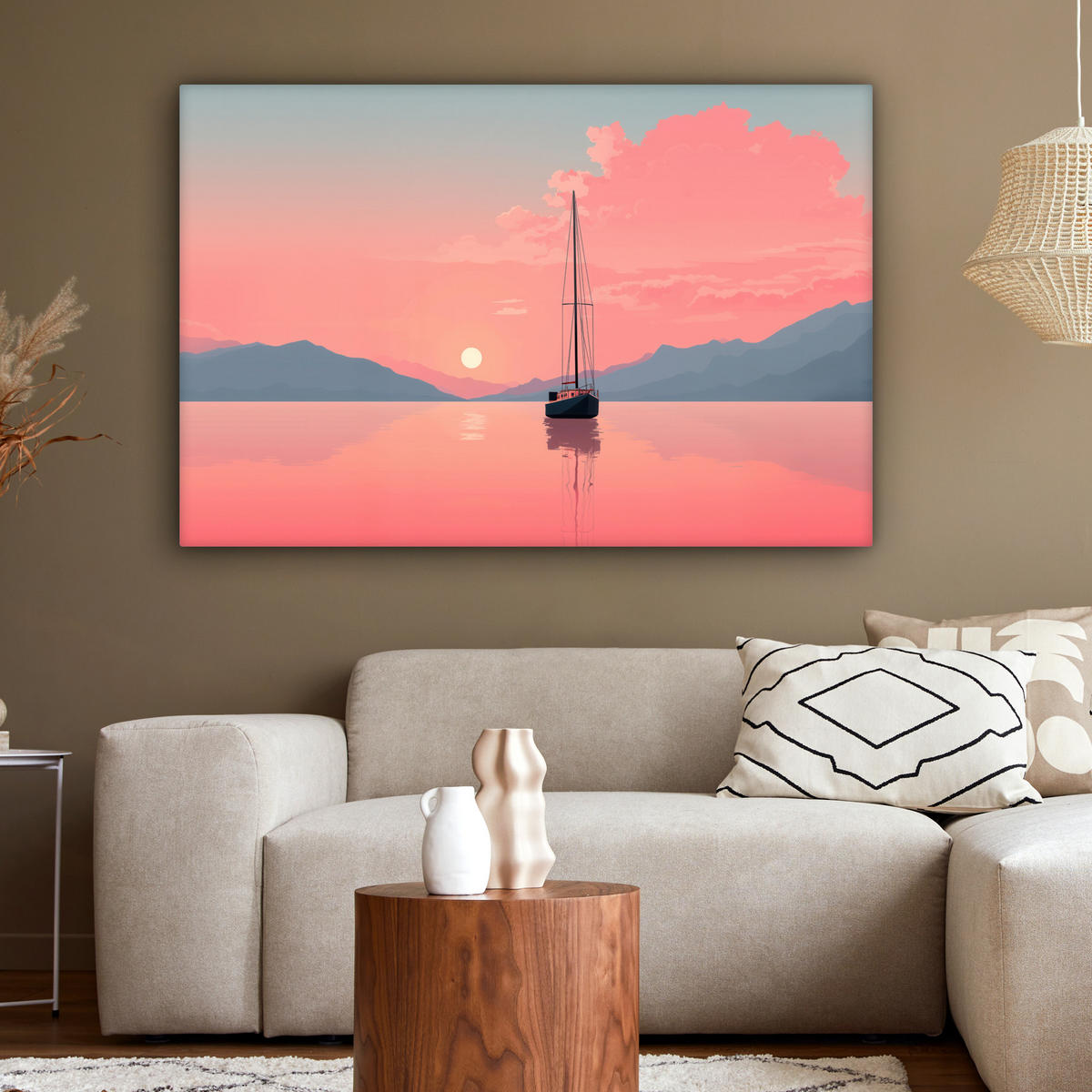 LEINWANDBILD Segelboot - Rosa Meer - Sonnenuntergang - Berge Groß 140x90 cm - Rosa, Textil (140/90cm) - MuchoWow