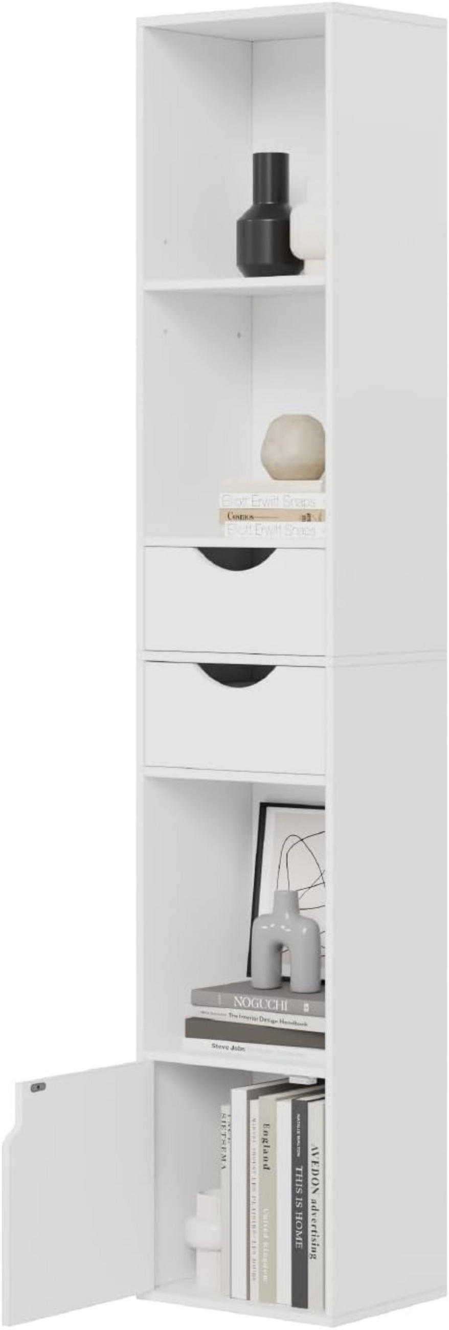 BÜCHERREGAL mit Schubladen Tür Weiß - Weiß, Holzwerkstoff (30/158/24cm) - Woltu