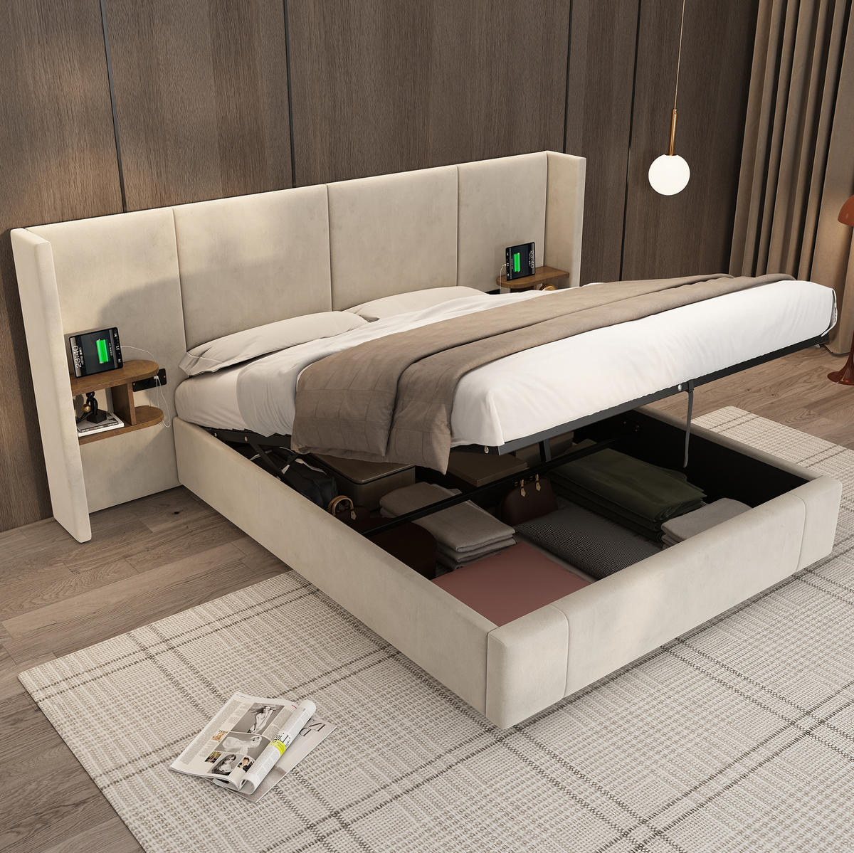 POLSTERBETT 160/200 cm mit USB-A, USB-C, Steckdosen, hydraulischem Stauraum und 2 Nachttischen aus Samt, Beige - Beige, Textil (160/200cm) - Redom