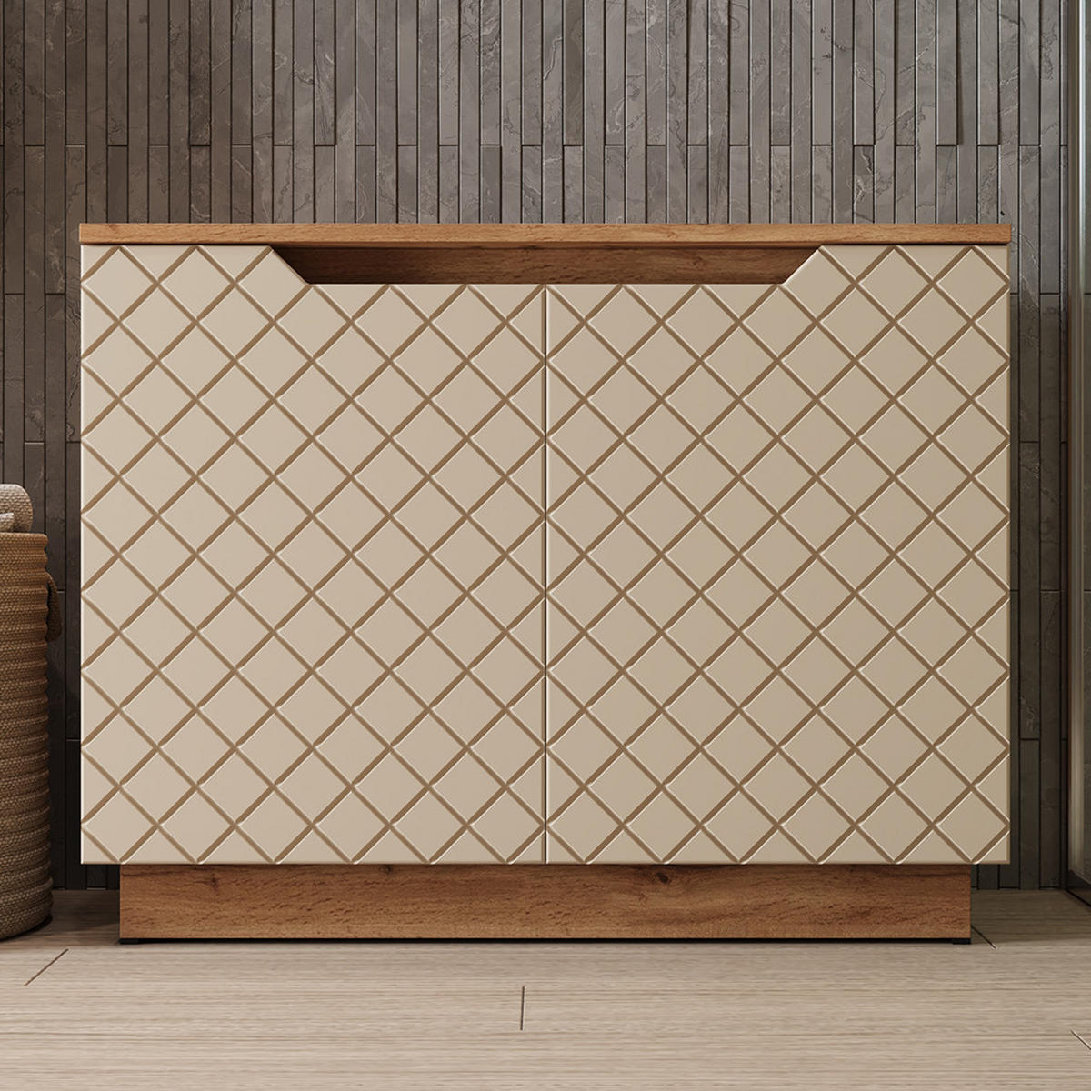 WASCHBECKENUNTERSCHRANK Lotta Eiche/Kaschmir mit Kachelstruktur 79.6 x 62.1 cm mit 2 Türen - Kaschmir/Eichefarben, Holzwerkstoff (79.6/62.1/32cm) - Vicco